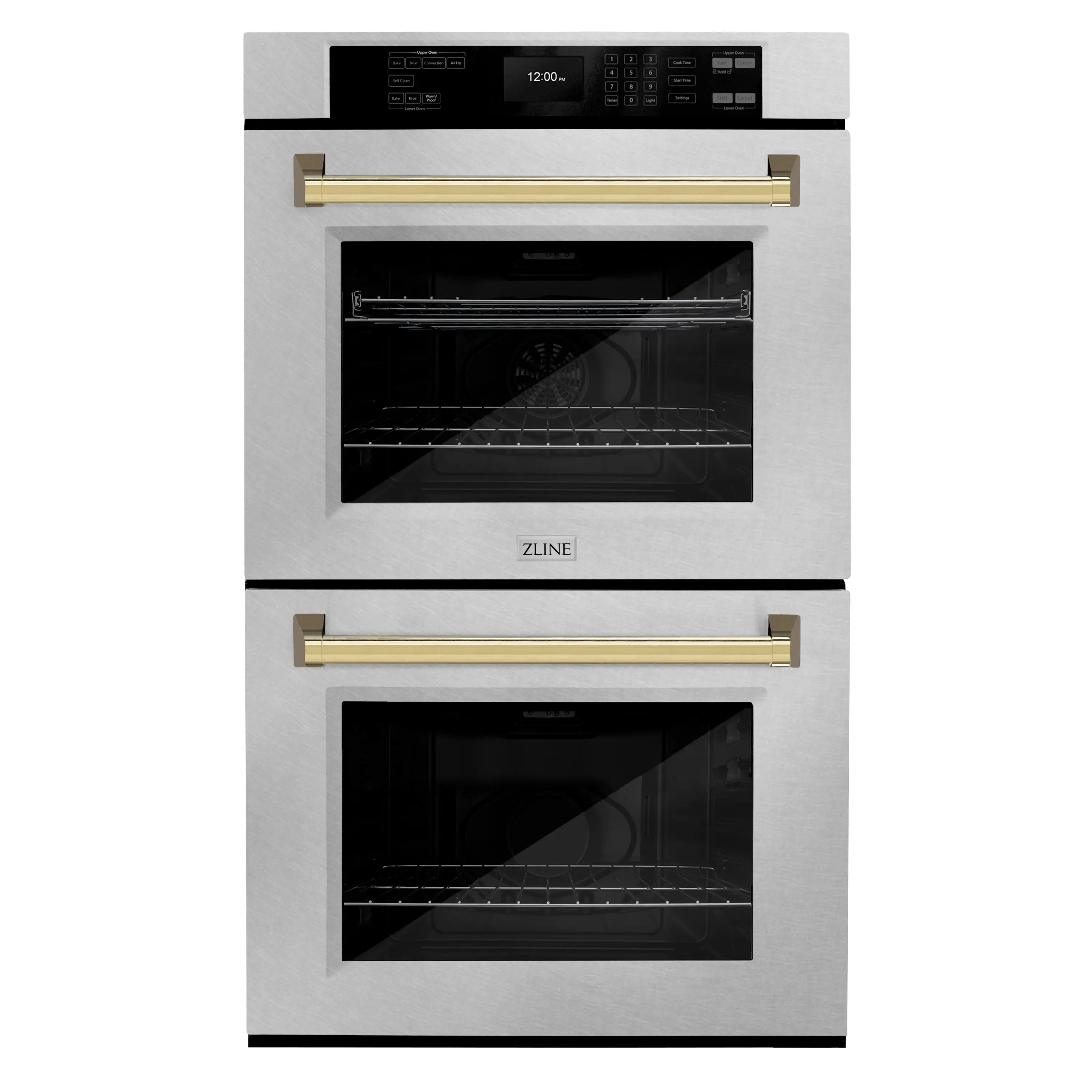Double wall oven with two stainless doors and polished gold handle bars