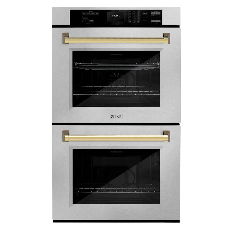 ZLINE 30-Inch Autograph Edition Professional True Convection Double Wall Oven with Air Fry and Self Clean in DuraSnow Stainless Steel with Polished Gold Handles (WADSZ-30-G)