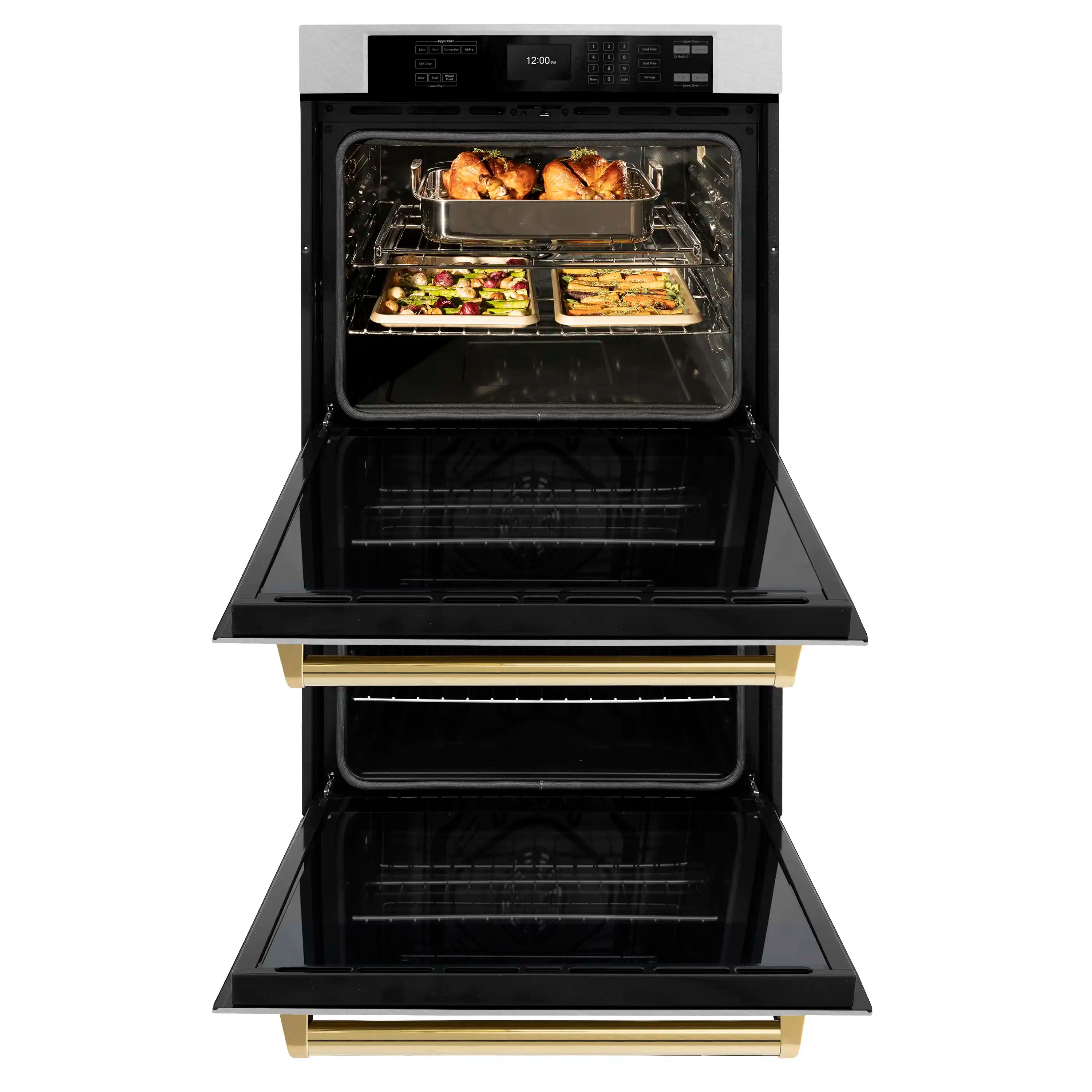 Built-in double wall oven with open upper and lower doors showing racks