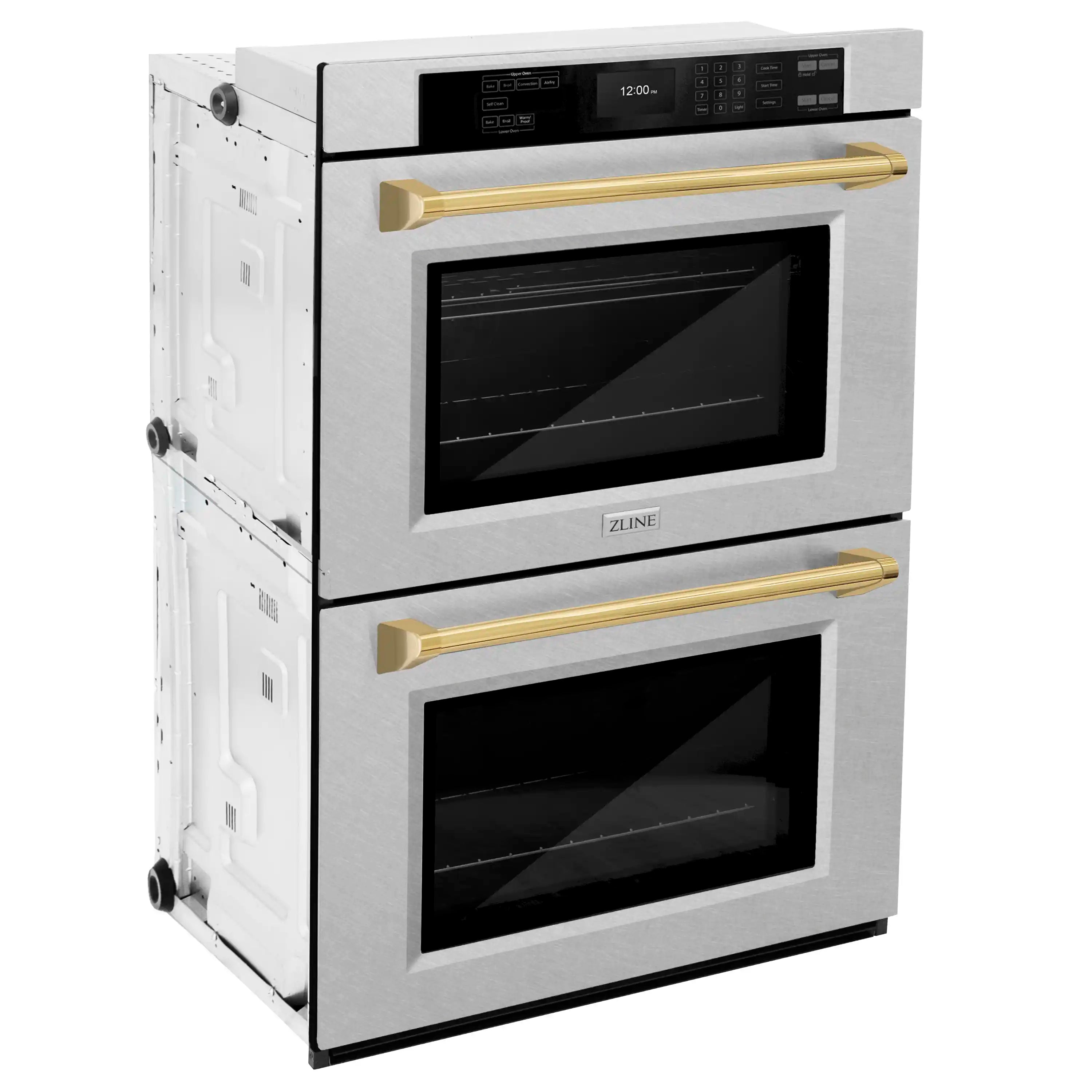 Double wall oven side view with two black glass doors and gold handle bars