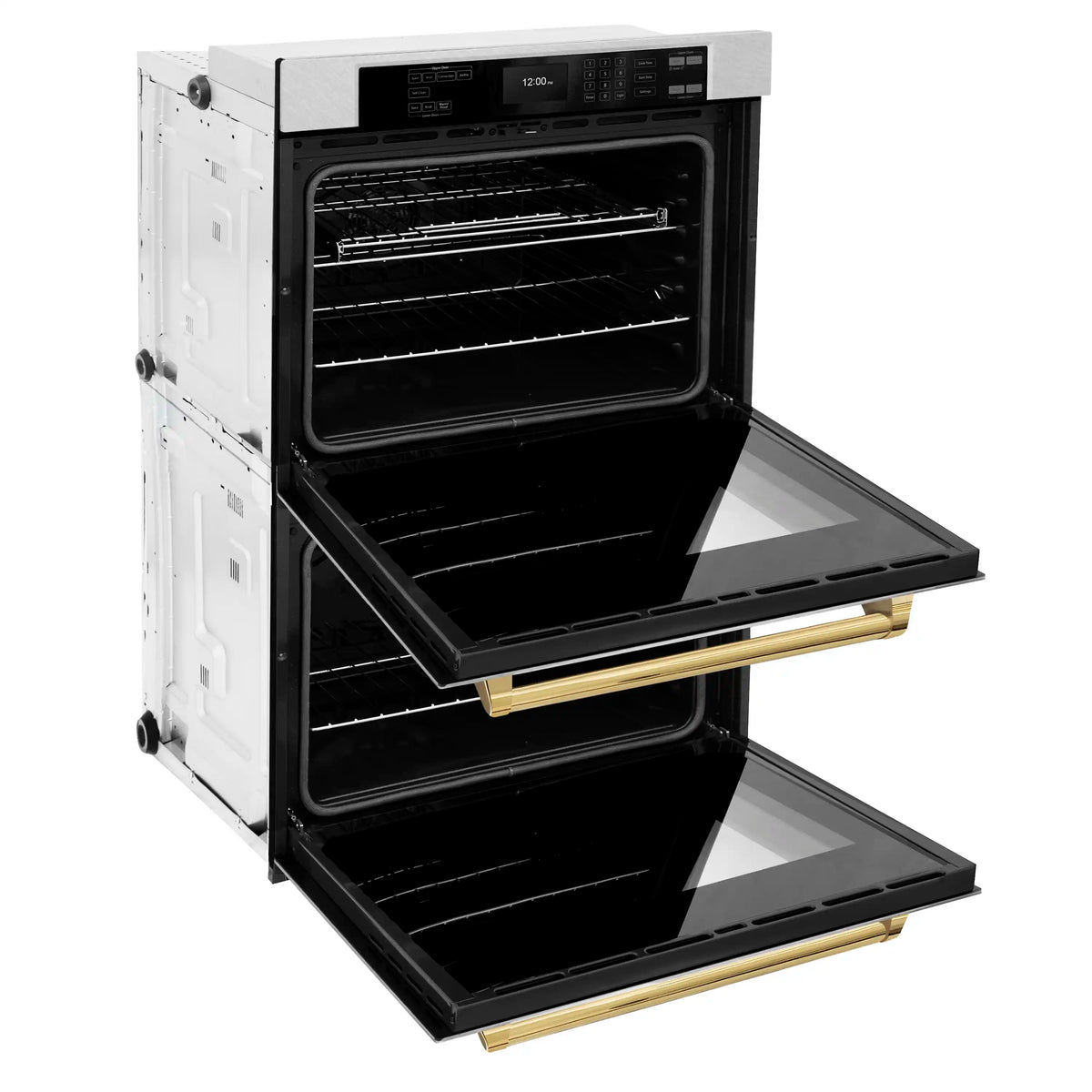 Double wall oven open on two levels with racks inside and gold handle trim
