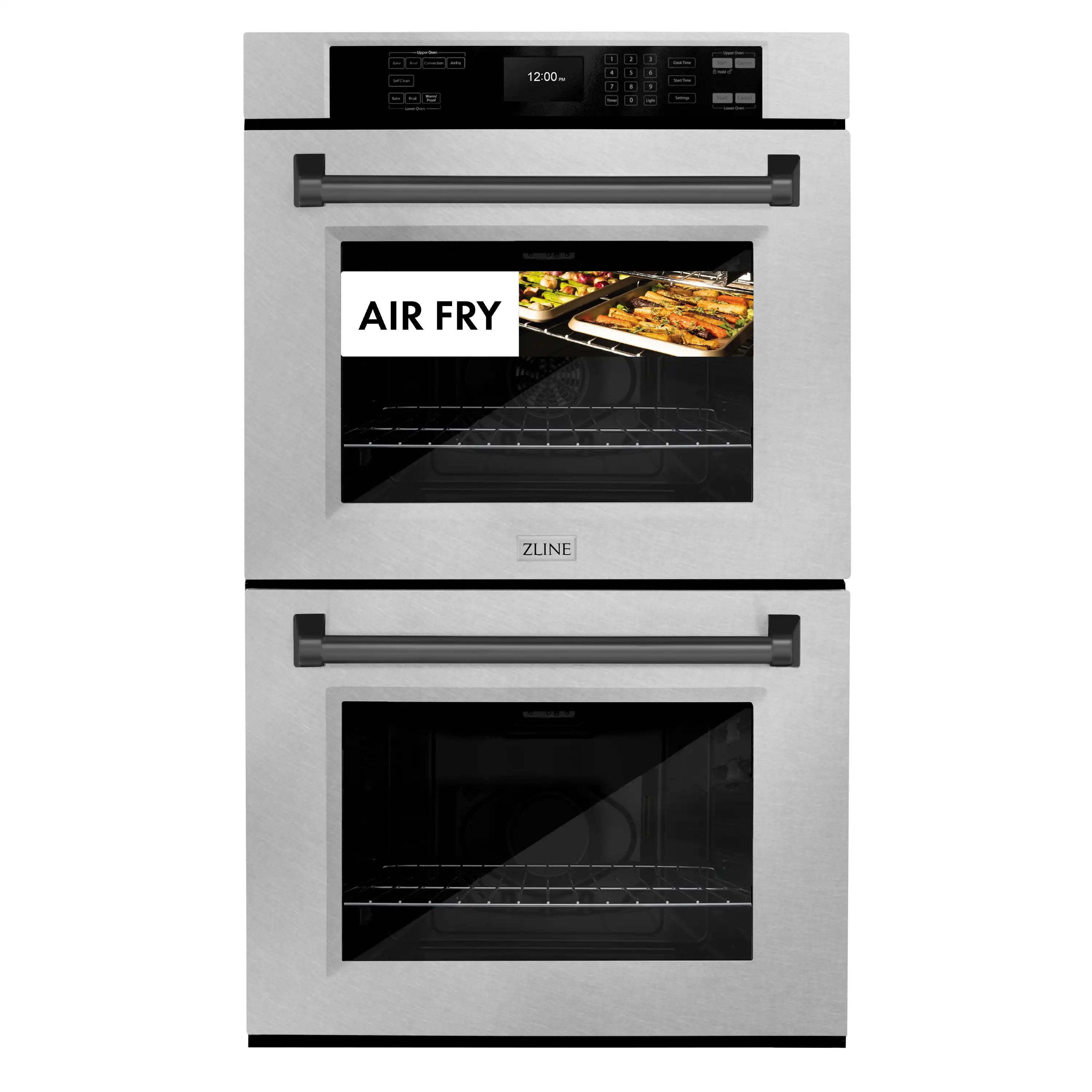 Double wall oven with air fry mode on display, satin stainless steel and black handles