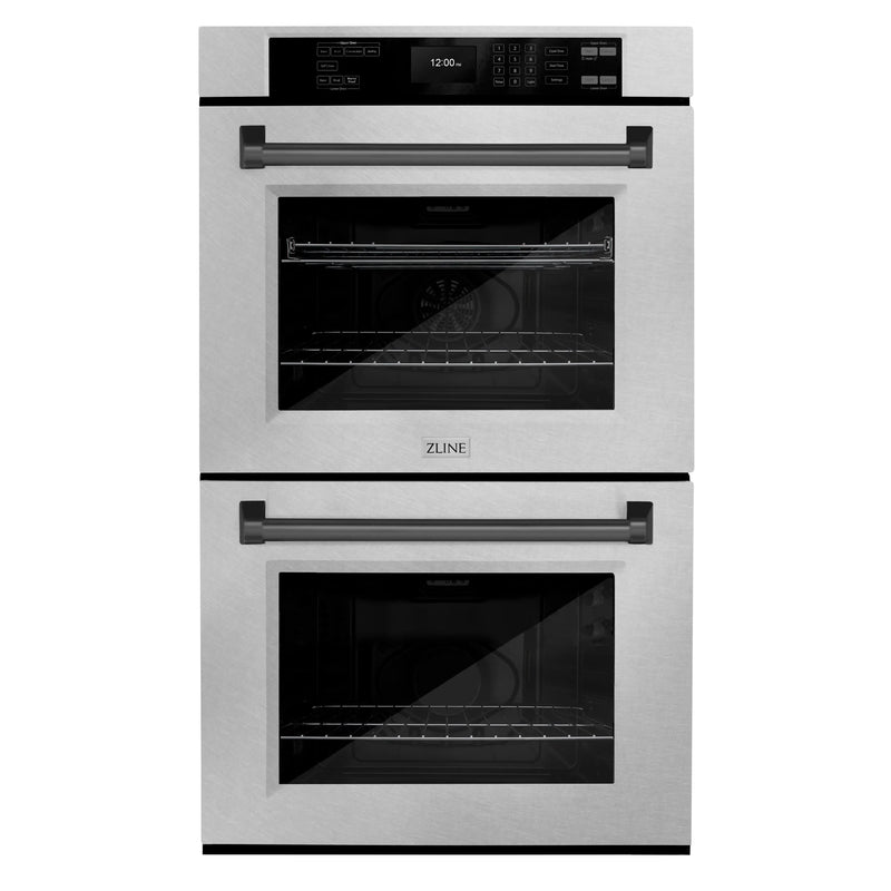 ZLINE Autograph Edition 30 in. Professional True Convection Double Wall Oven with Air Fry and Self Clean in DuraSnow Stainless Steel with Matte Black Handles (WADSZ-30-MB)