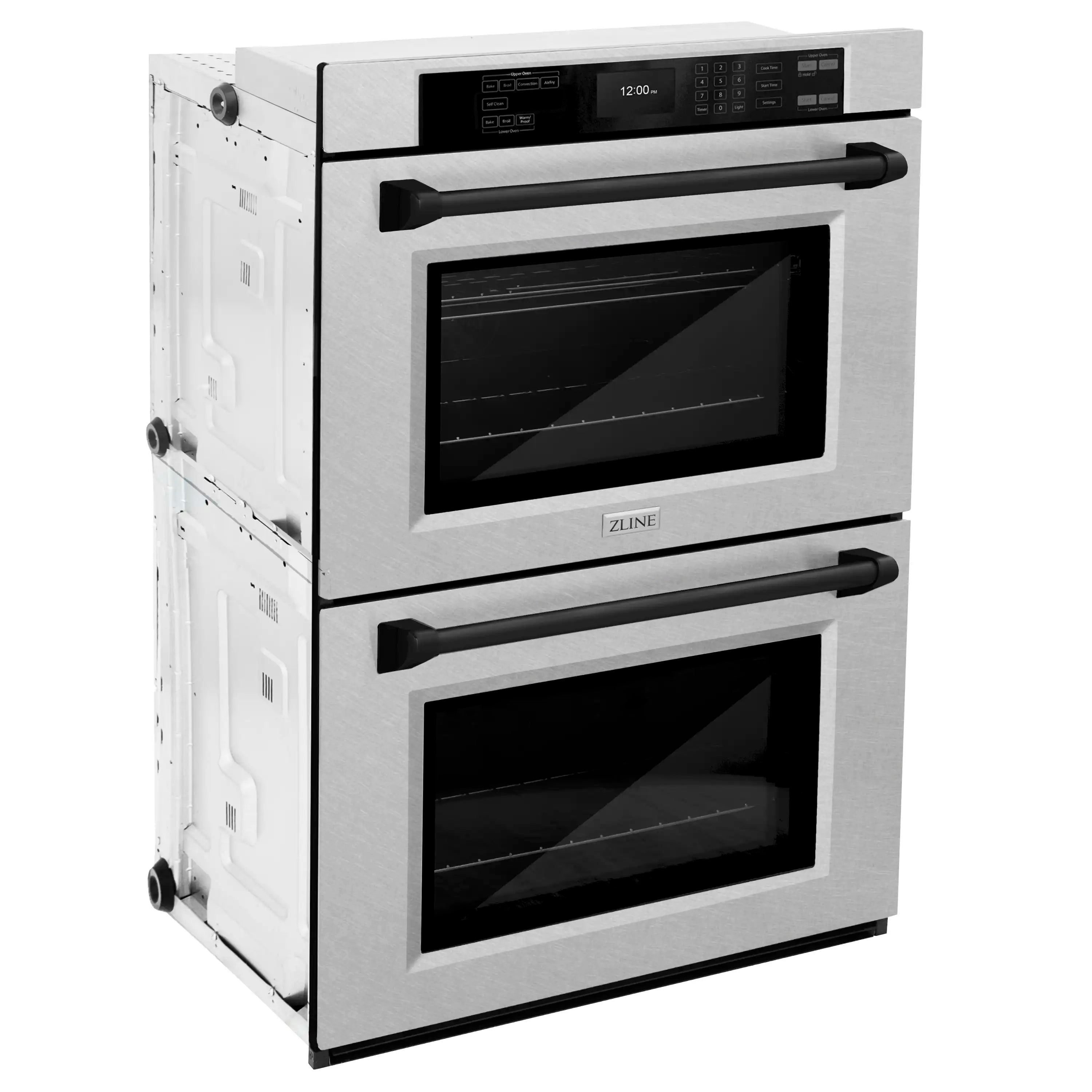 ZLINE double wall oven front in satin stainless steel with black handles and control panel