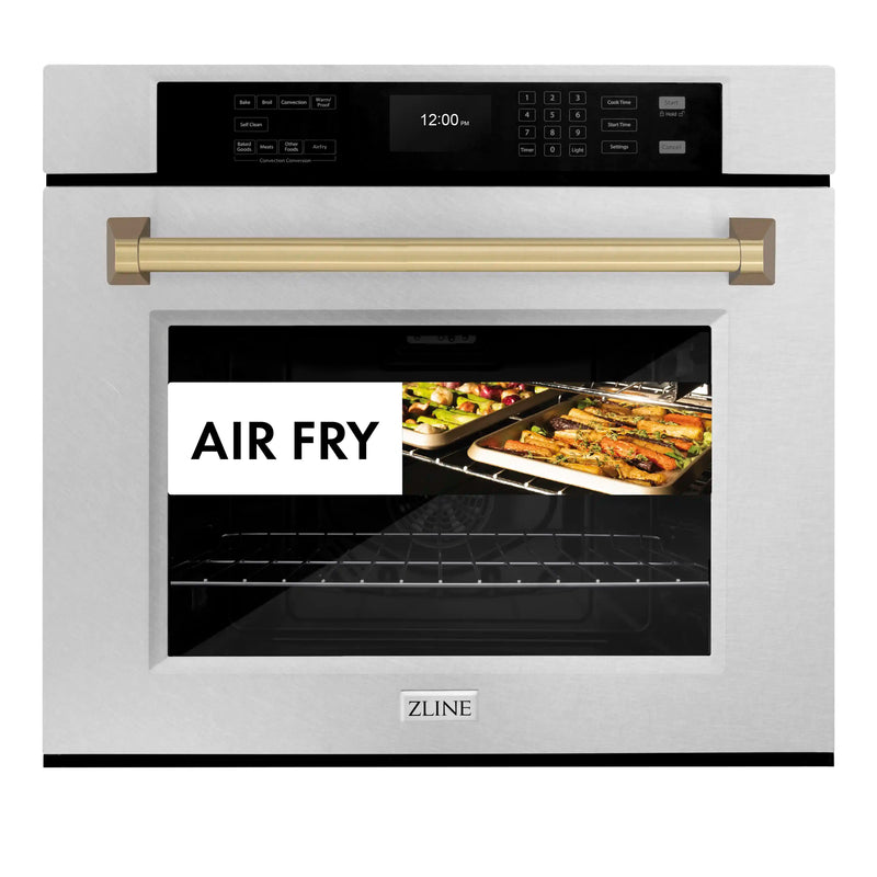 ZLINE 30-Inch Autograph Edition Professional True Convection Single Wall Oven with Air Fry and Self Clean in DuraSnow Stainless Steel with Champagne Bronze Handle (WASSZ-30-CB)