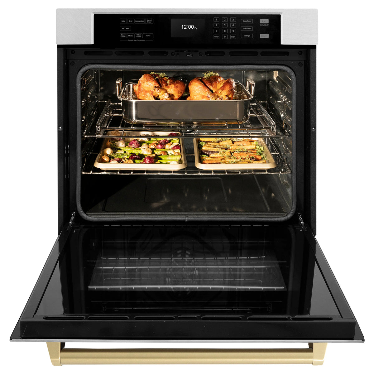Open single wall oven with two trays of roasted food under bright interior lighting