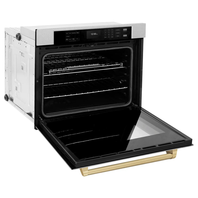 ZLINE 30-Inch Autograph Edition Professional True Convection Single Wall Oven with Air Fry and Self Clean in DuraSnow Stainless Steel with Champagne Bronze Handle (WASSZ-30-CB)