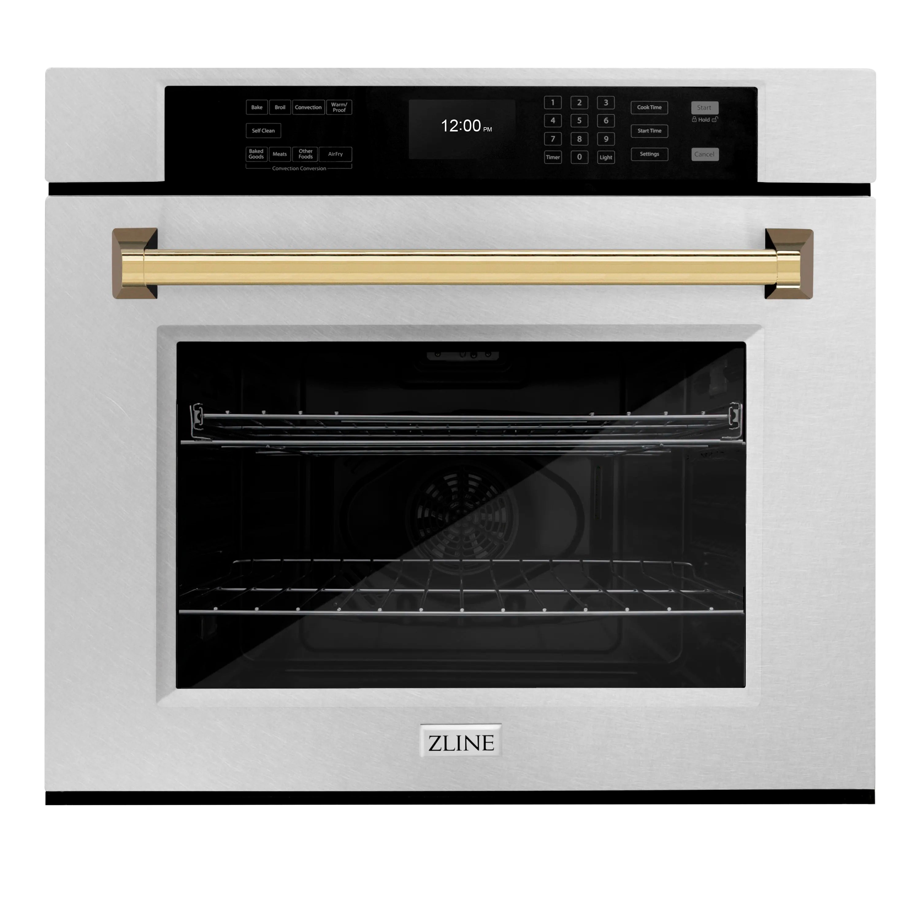 Single wall oven with open door, satin stainless steel and polished gold handle