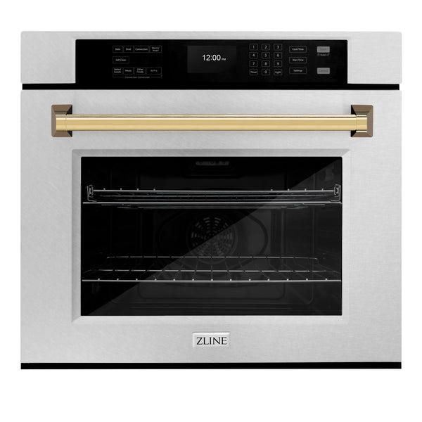 ZLINE 30-Inch Autograph Edition Professional True Convection Single Wall Oven with Air Fry and Self Clean in DuraSnow Stainless Steel with Polished Gold Handle (WASSZ-30-G)