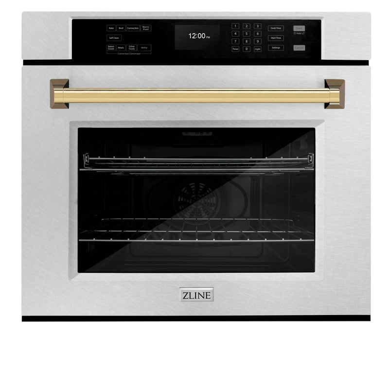 ZLINE Autograph Edition 2-Piece Appliance Package - 30-Inch Single Wall Oven with Self-Clean and 30-inch Built-In Microwave Oven in DuraSnow Stainless Steel with Gold Trim