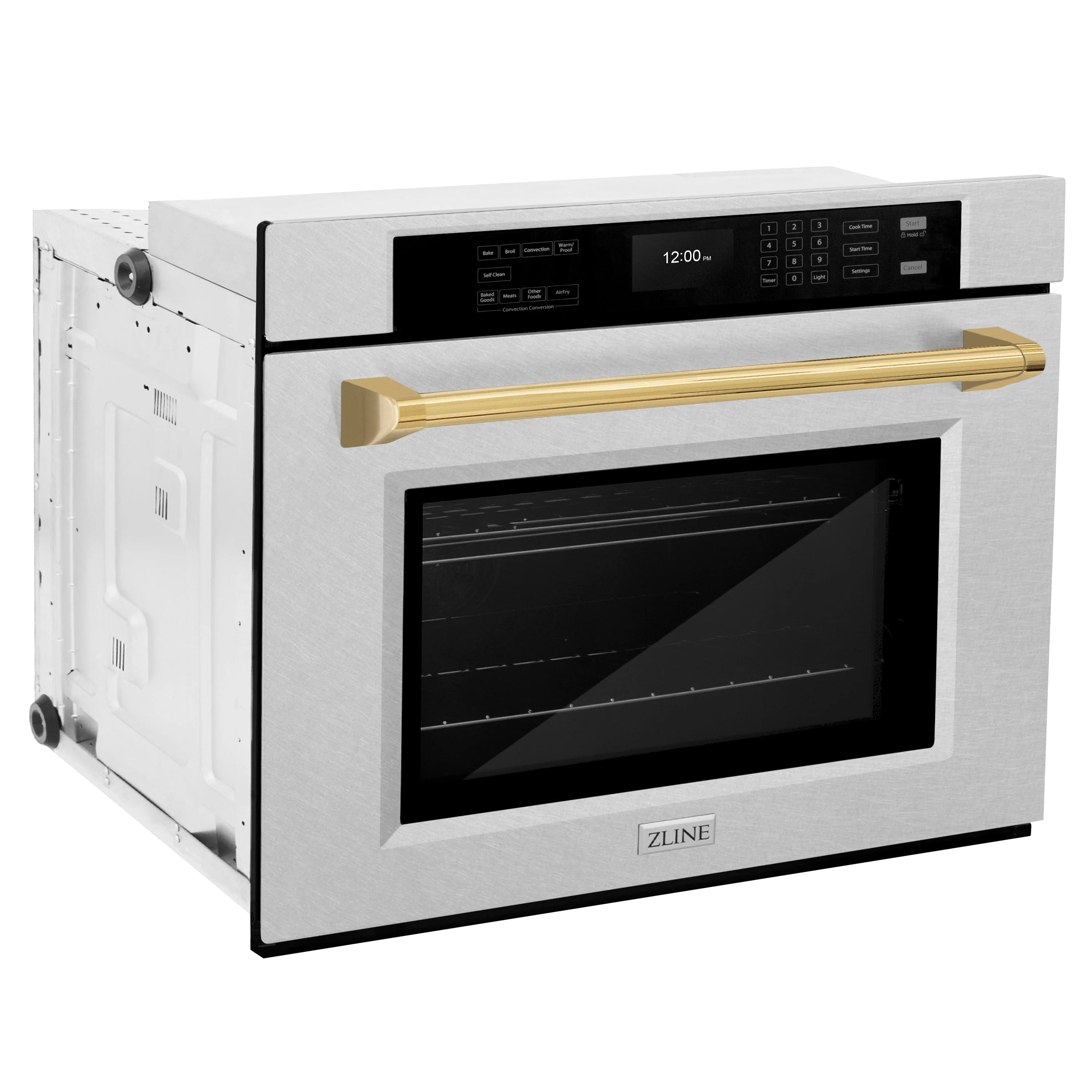 Wall oven angled view with black glass door and gold trim handle on satin stainless steel