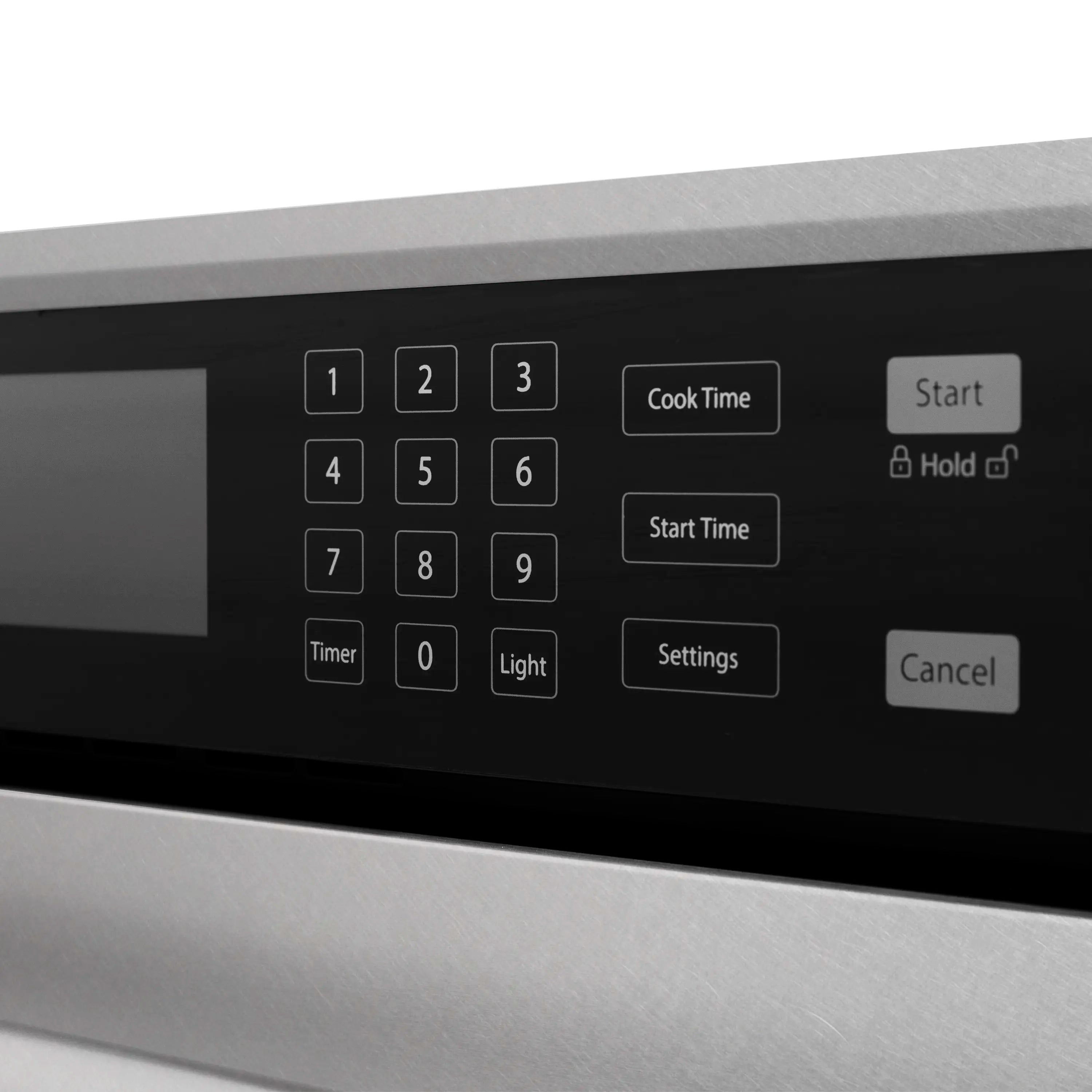 Stainless steel oven control panel with number keypad, Cook Time, and Start