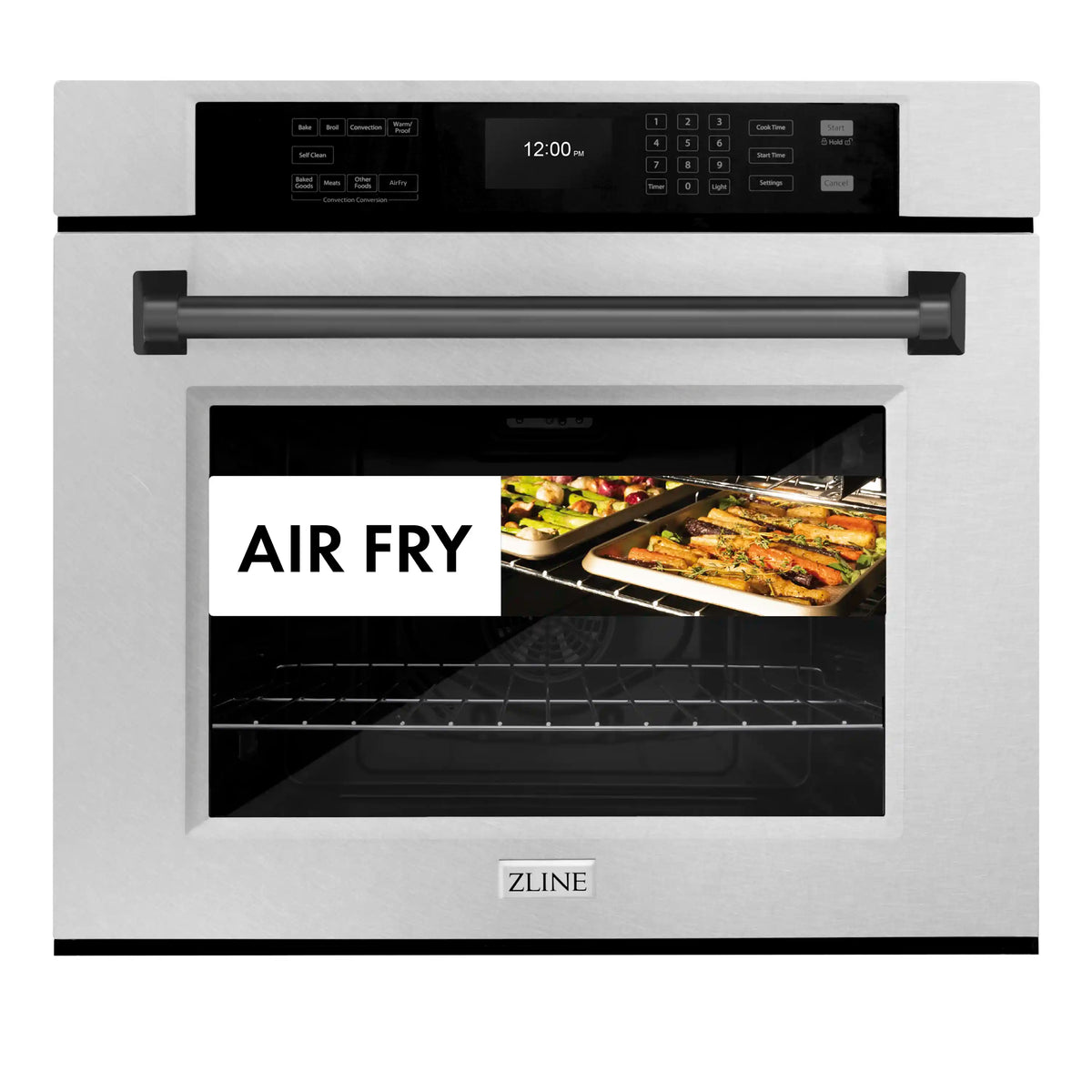 Single wall oven with air fry mode door window and satin stainless control panel