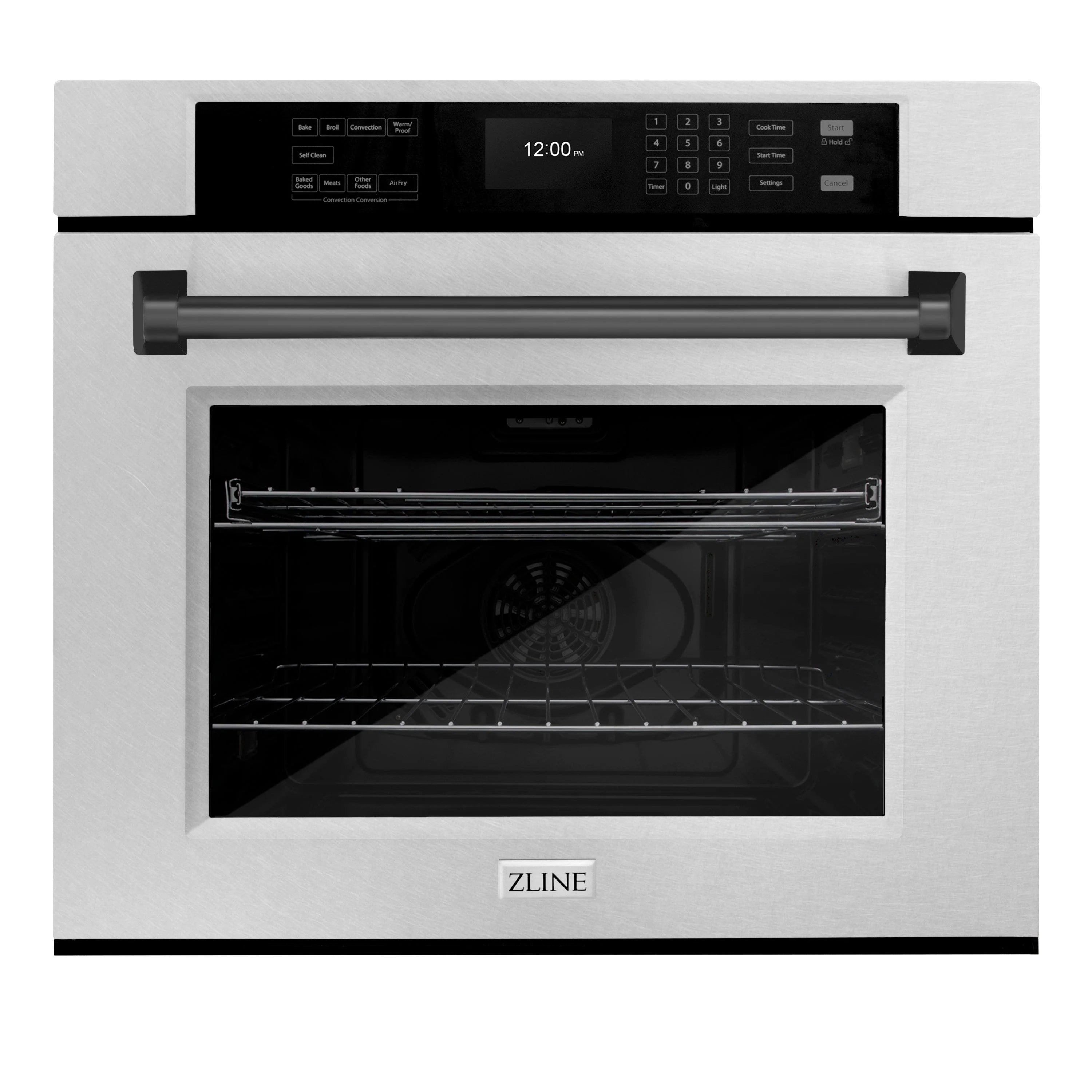 Open built-in wall oven with black interior and wire rack shelves