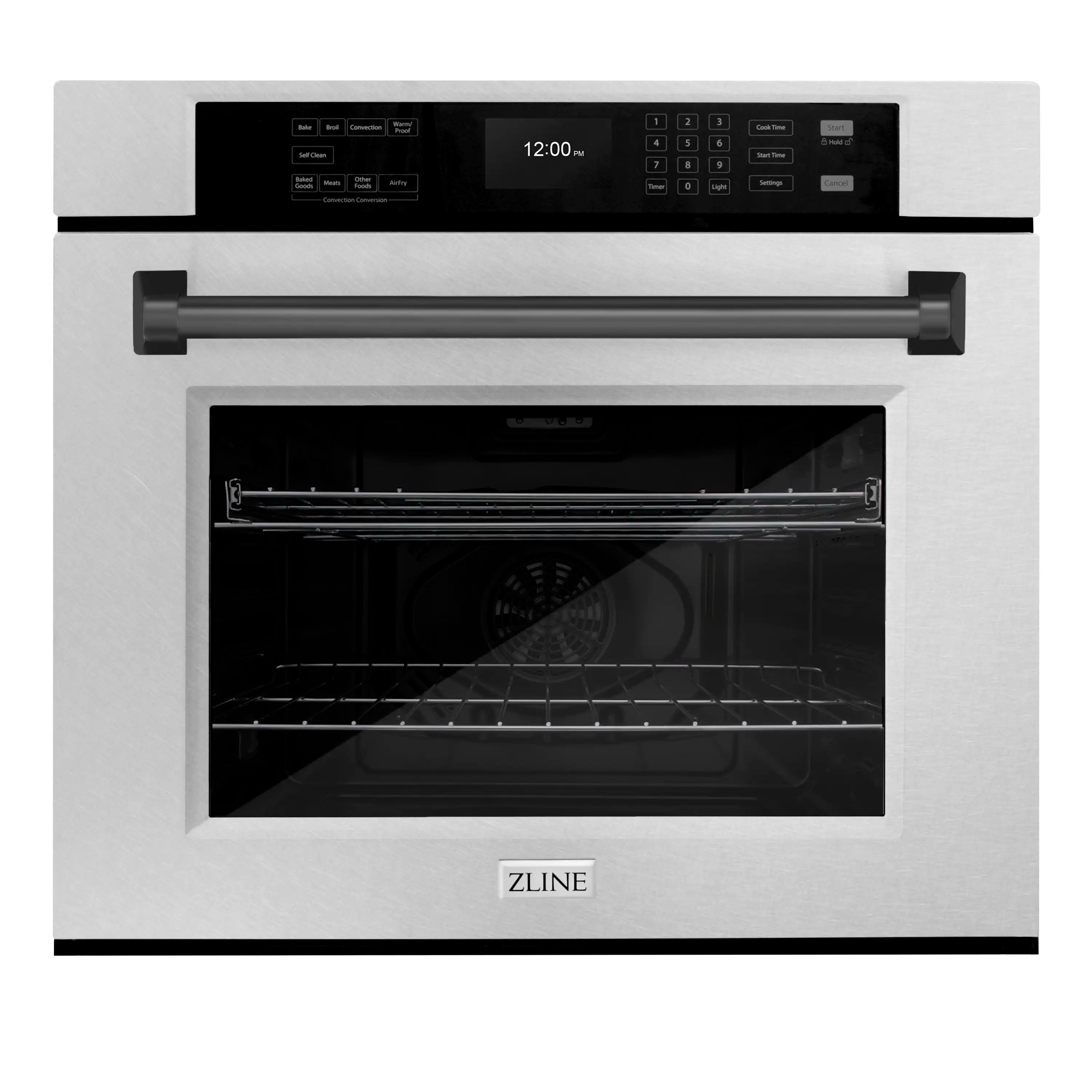 Single wall oven door open showing interior racks and convection fan