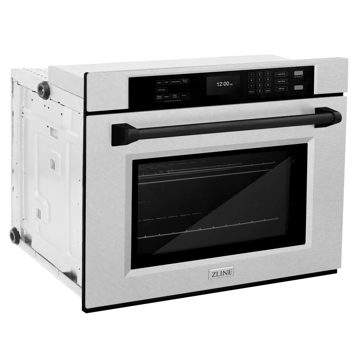 Satin stainless single wall oven with matte black handle and glass viewing window