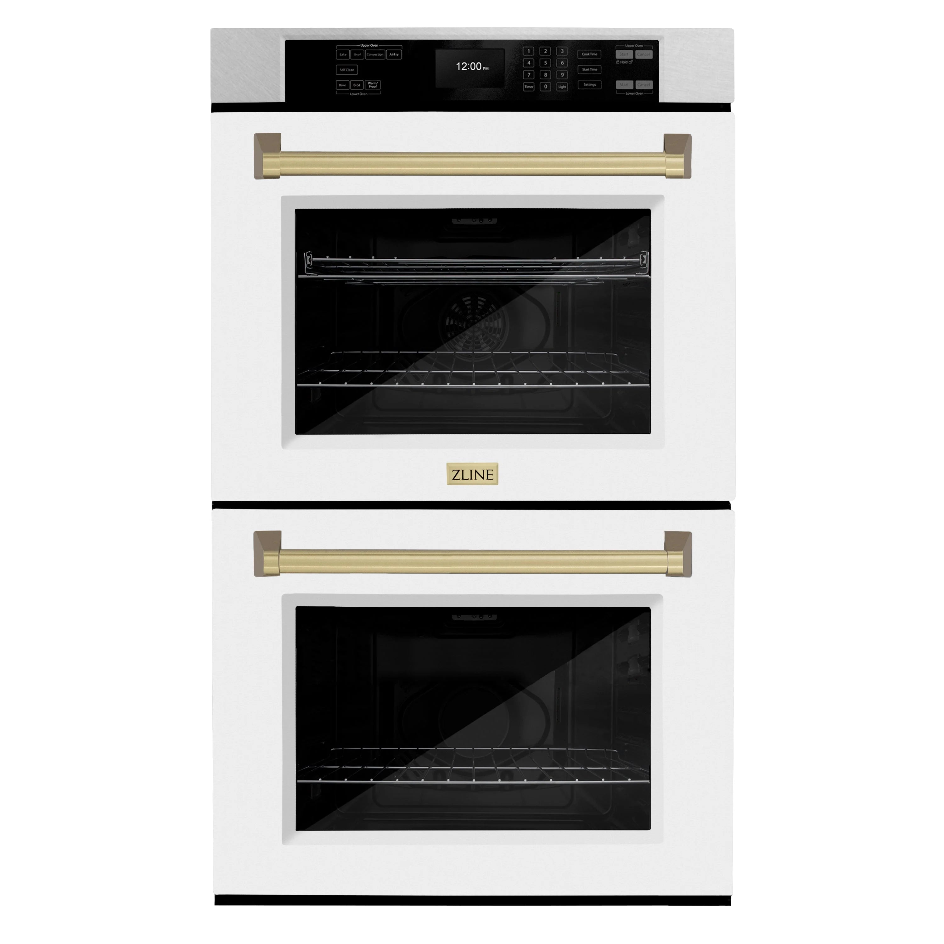 Double wall oven with two white matte doors, bronze bar handles, and top control panel