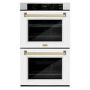 ZLINE 30-Inch Autograph Edition Professional True Convection Double Wall Oven with Air Fry and Self Clean in Satin Stainless Steel with White Matte Doors and Champagne Bronze Handles (WADSZ-WM-30-CB)