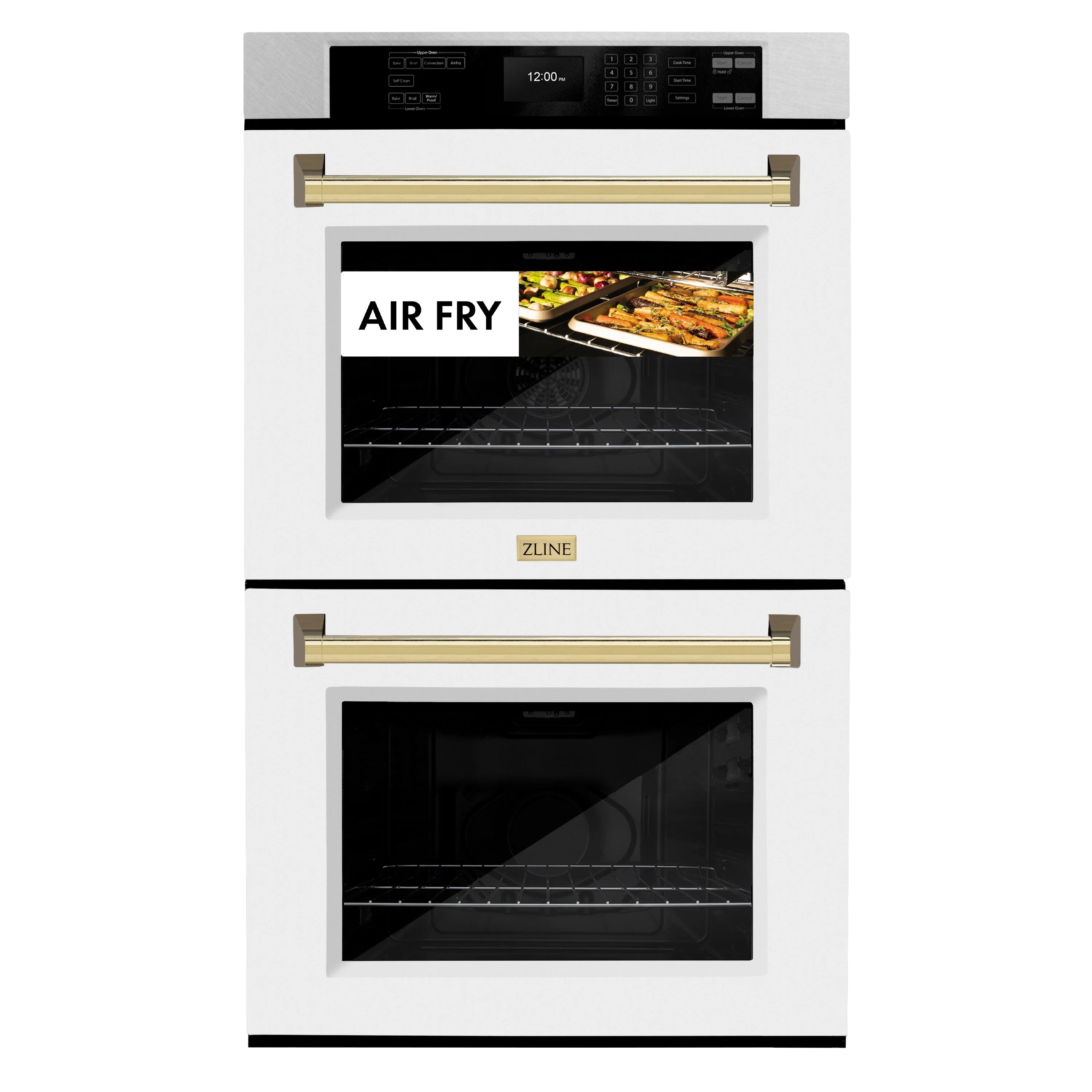 Double wall oven with white doors, gold handles, and Air Fry panel