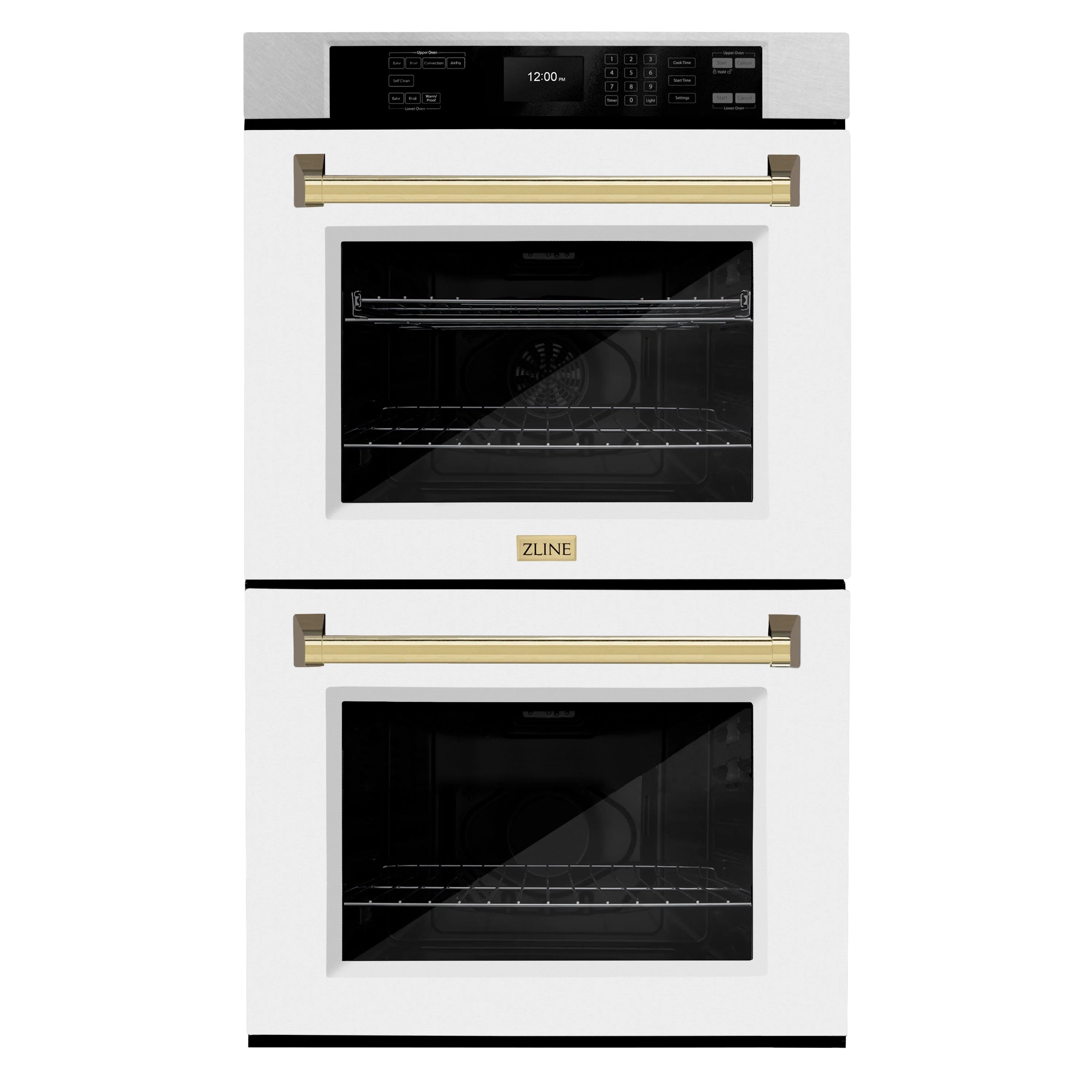 Double wall oven front view with two glass doors, gold bar handles, and control panel