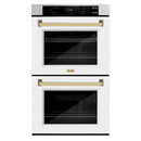 ZLINE Autograph Edition 30-Inch Professional True Convection Double Wall Oven with Air Fry and Self Clean in Satin Stainless Steel with White Matte Doors and Polished Gold Handles (WADSZ-WM-30-G)