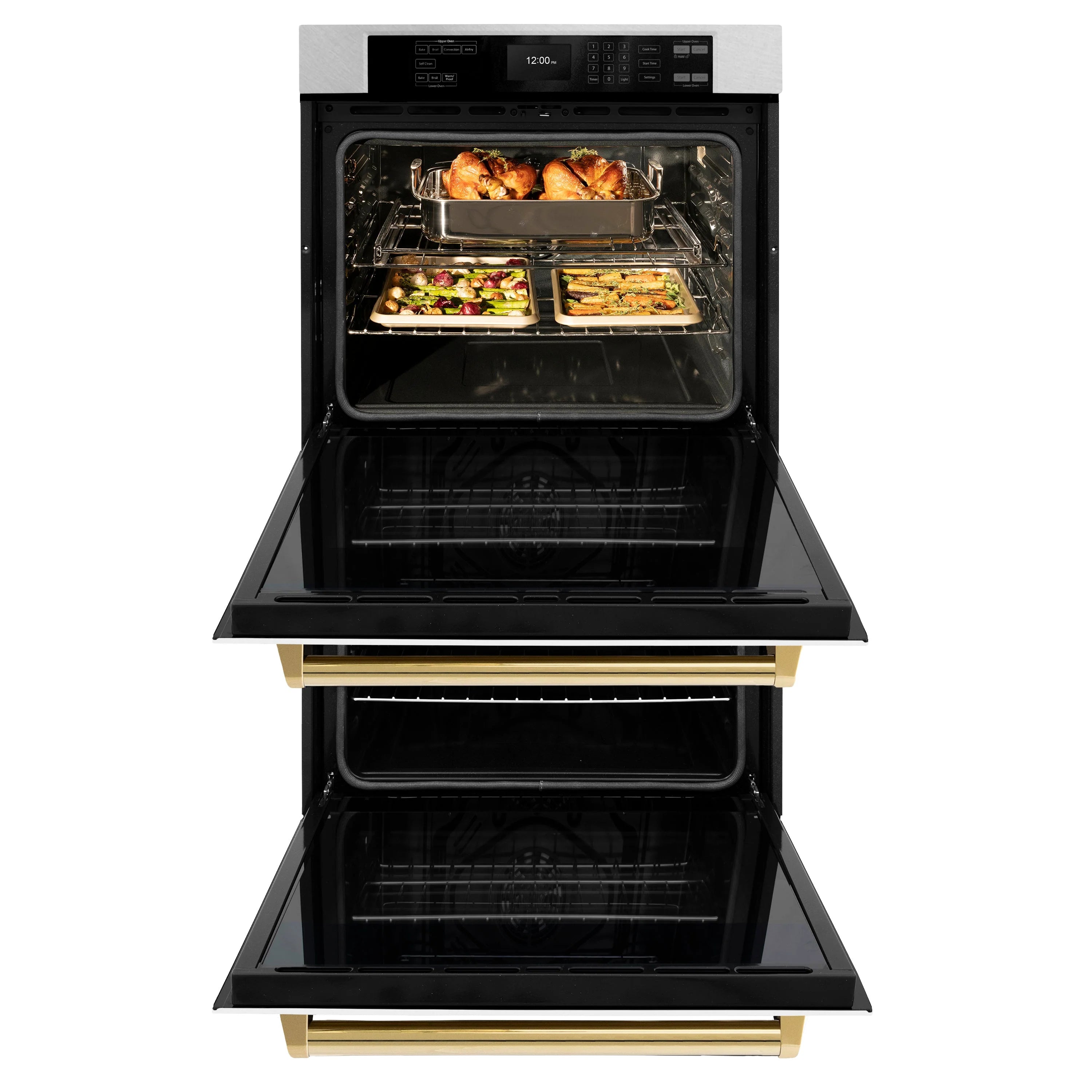 Open double wall oven showing two racks with browned food inside