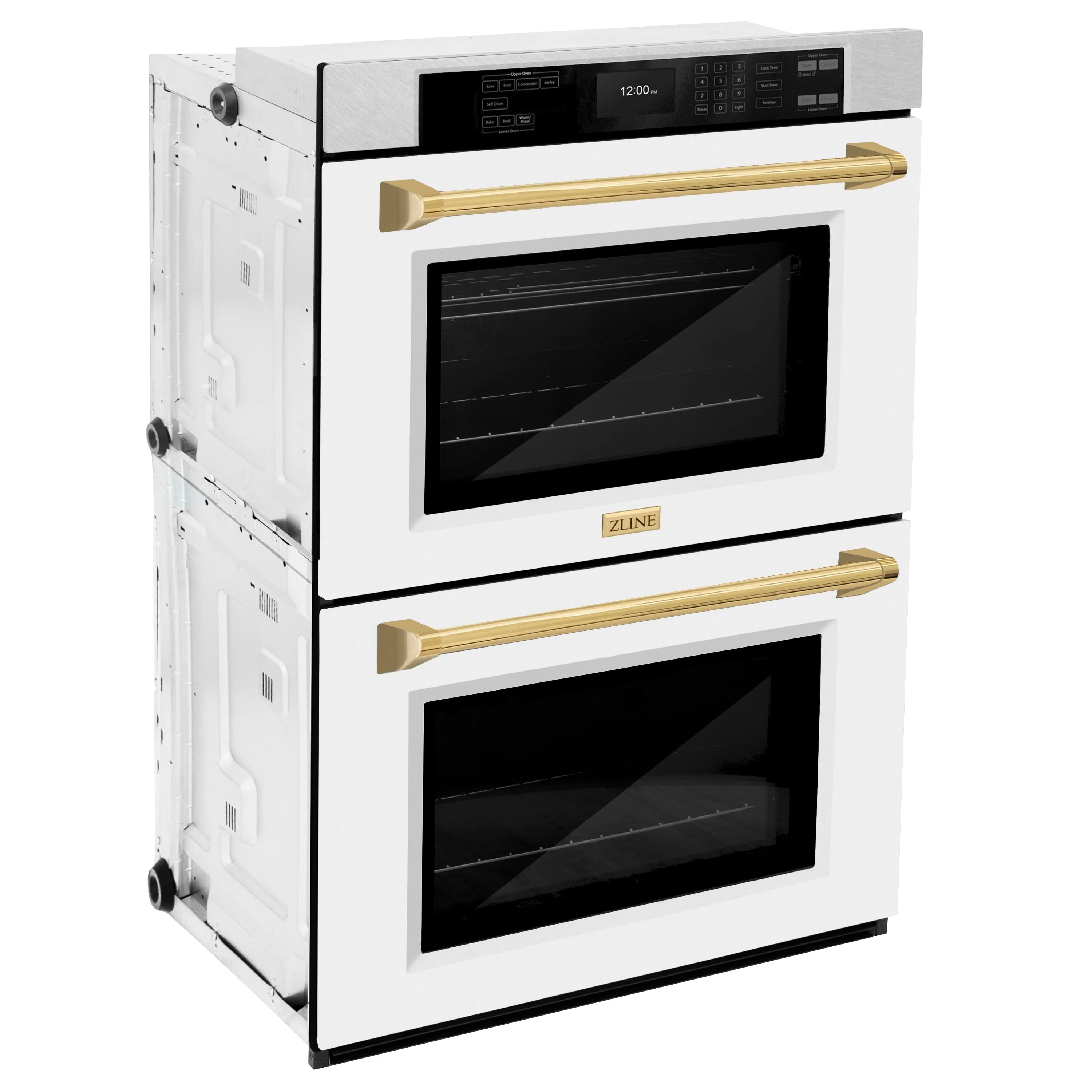Double wall oven with white door frames and gold handles, side view