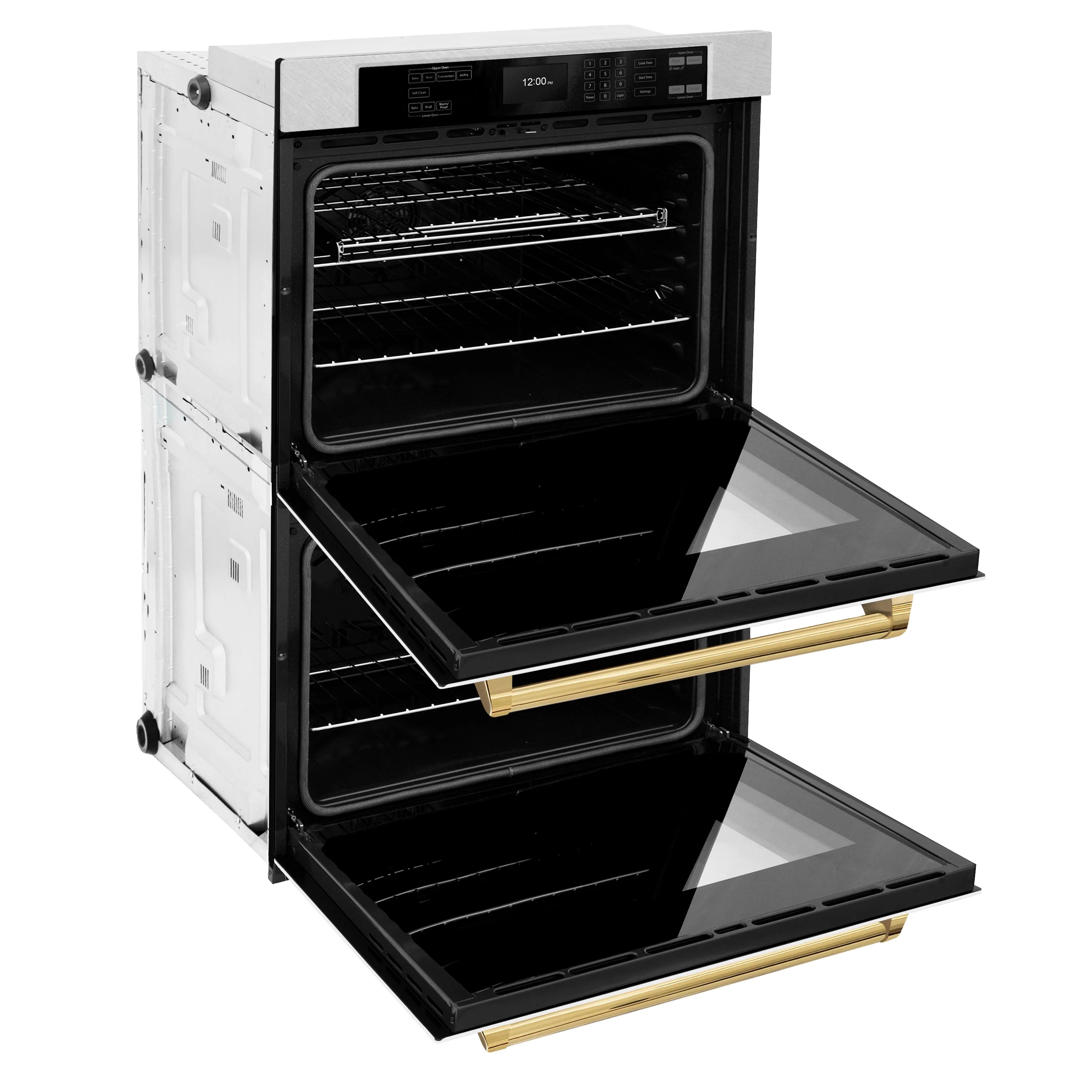 Open double wall oven with black interior racks and extended trays