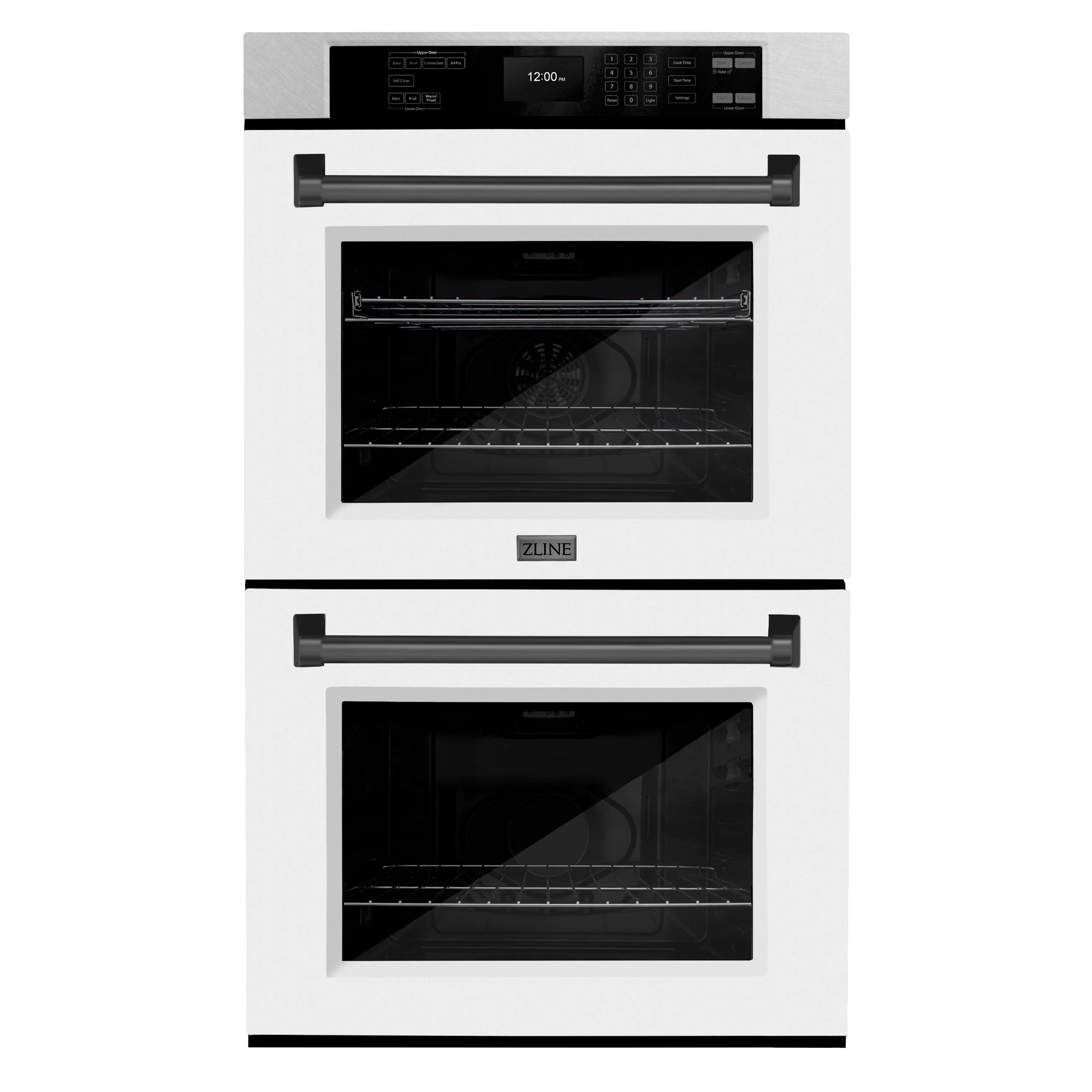 Satin stainless double wall oven with white matte doors and black control bar