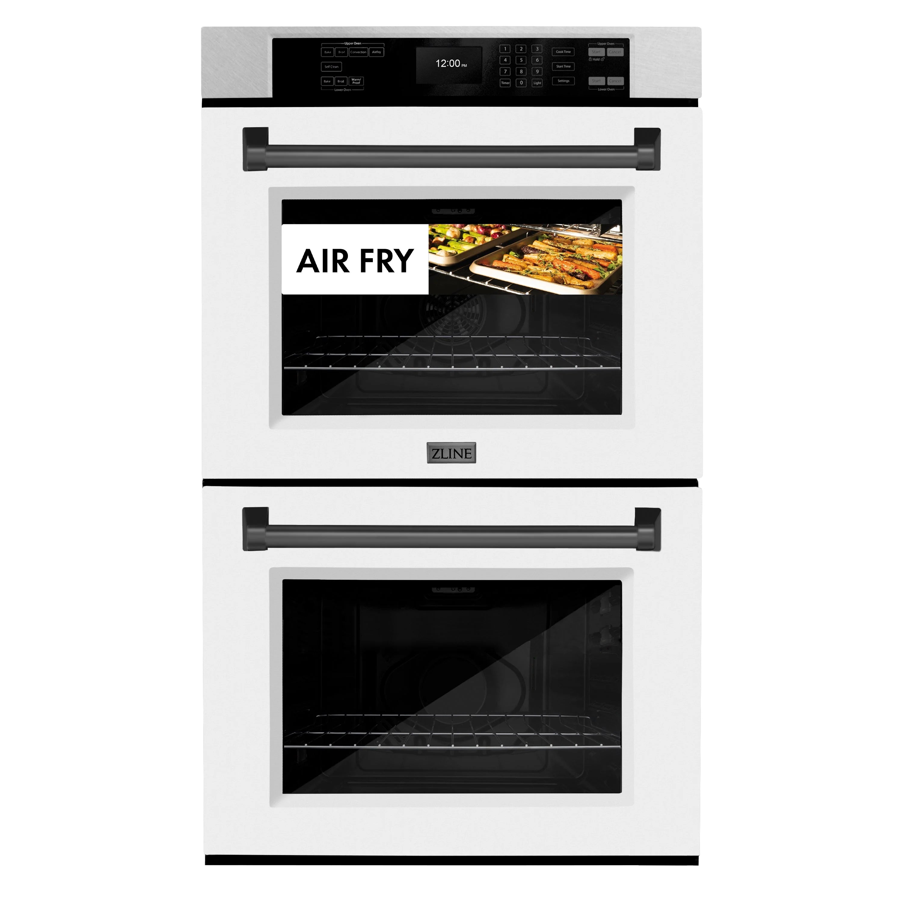White matte double oven with satin stainless trim, black handles, and Air Fry display