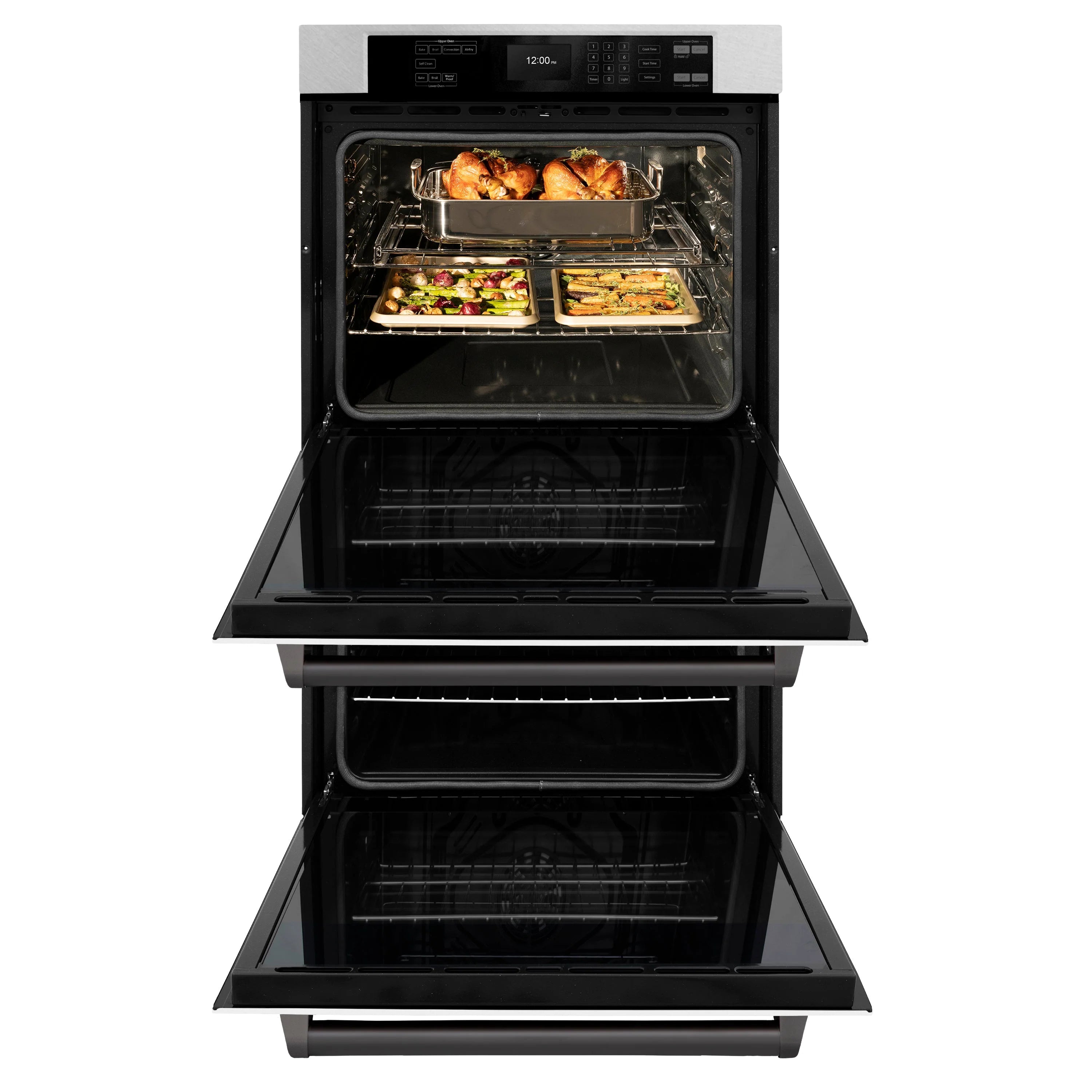 Open double wall oven with two baking compartments and hot food on trays