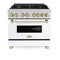 ZLINE Legacy Series Autograph Edition 36-inch Dual Fuel Range with Gas Stove and 4.6 Cu. Ft. Electric Oven in Fingerprint Resistant Satin Stainless Steel with White Matte Door and Gold Accents (RASZ-WM-36-G)