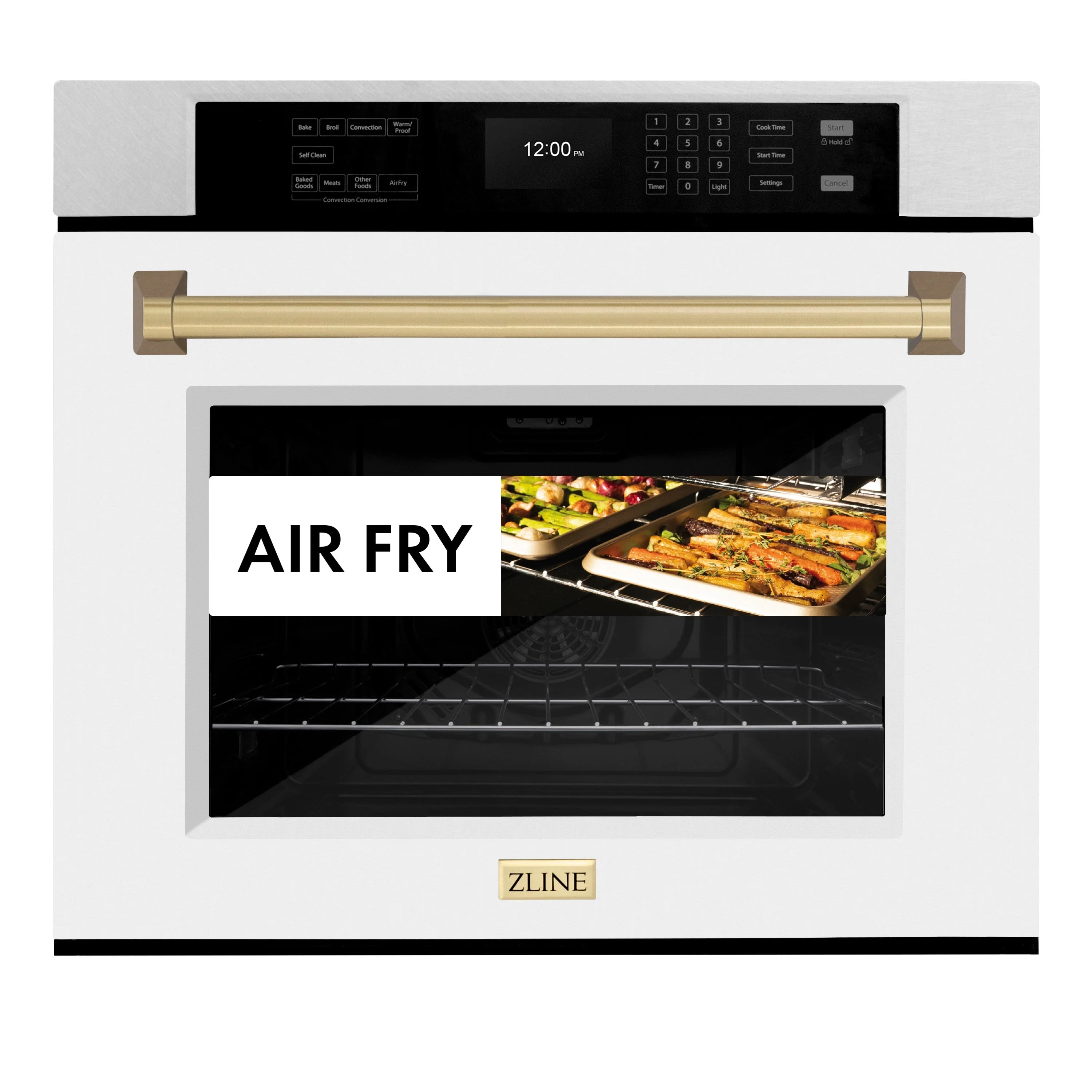 Air fryer wall oven with open door, wire racks and cooking tray, satin stainless and bronze handle