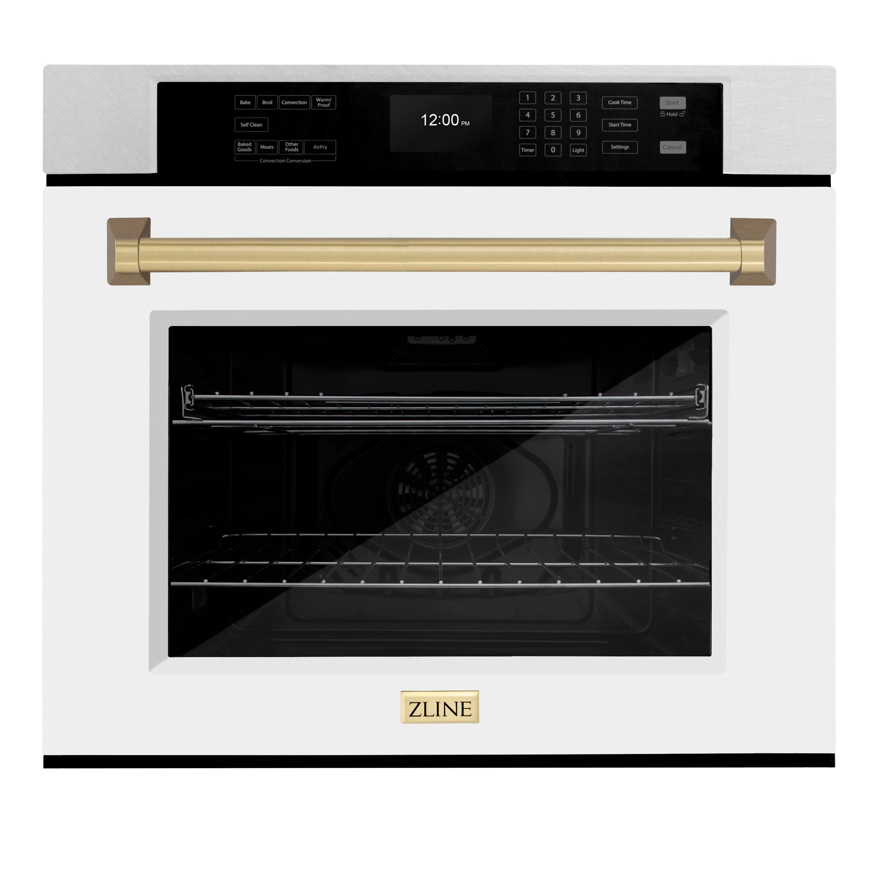 Built-in oven with open glass door showing empty black racks