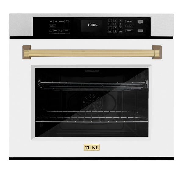 ZLINE Autograph Edition 30-Inch Professional True Convection Single Wall Oven with Air Fry and Self Clean in DuraSnow Stainless Steel with White Matte Door and Champagne Bronze Handle (WASSZ-WM-30-CB)