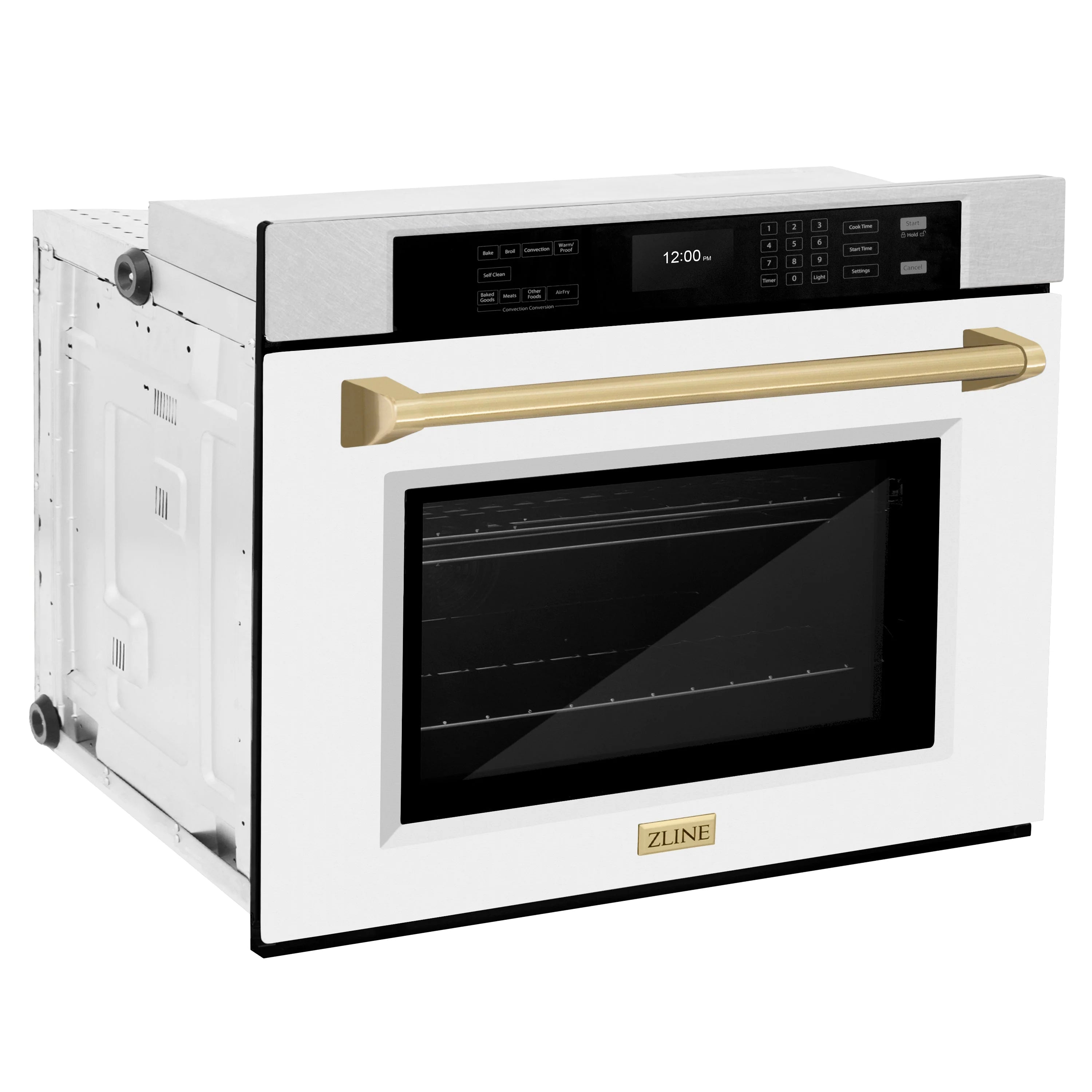 Built-in oven with open door, satin stainless frame, and champagne bronze handle