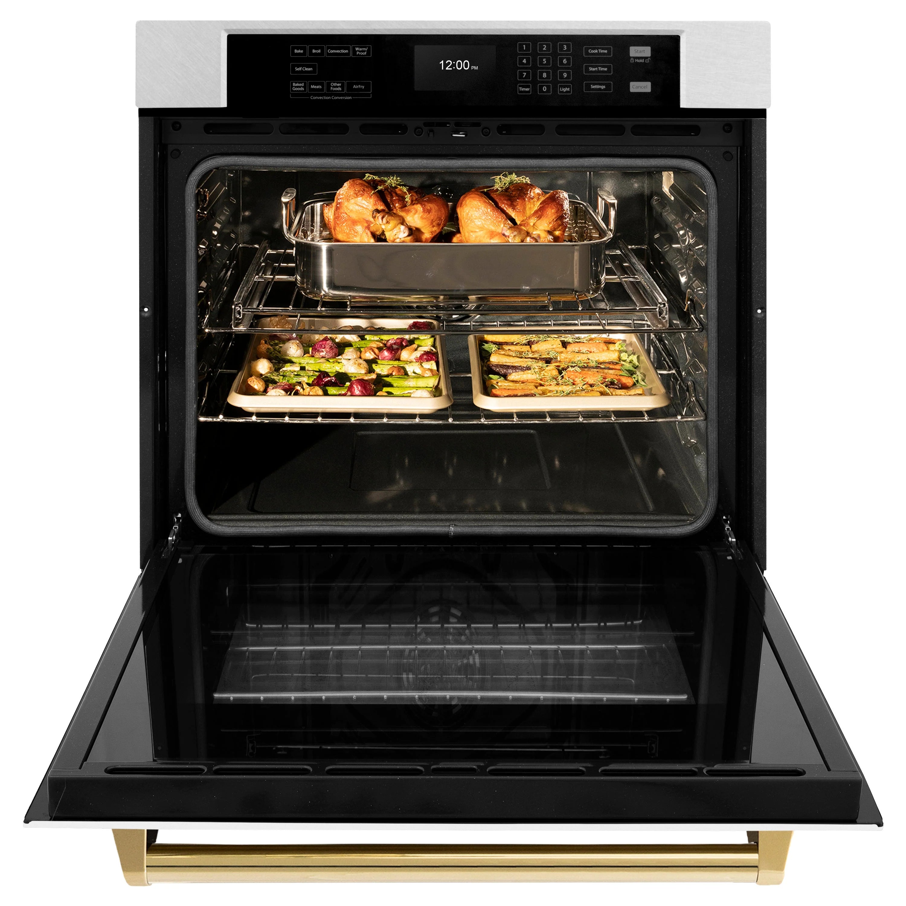 Single-wall oven with door open, racks and cooking trays with food inside