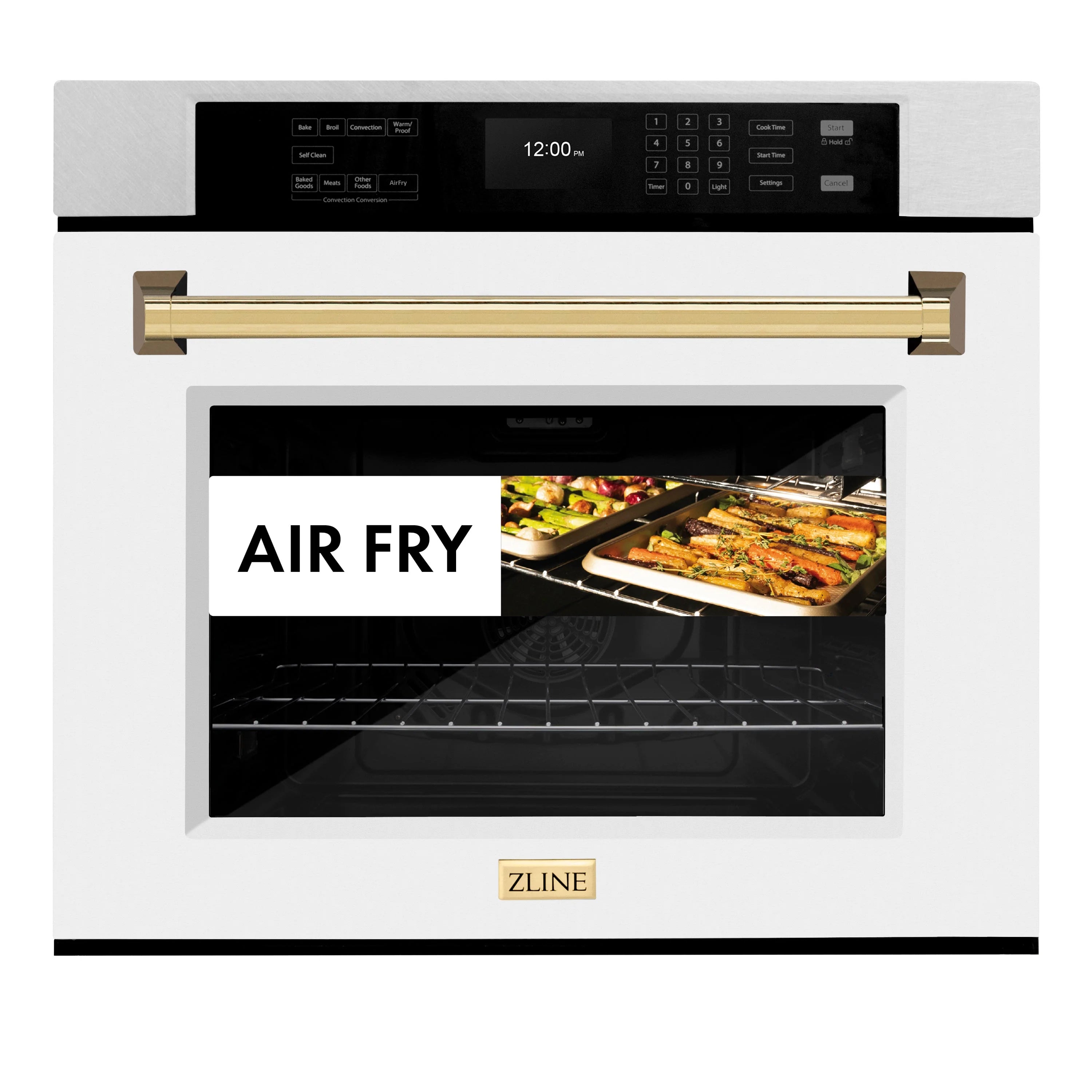 Single-wall oven with air fry feature shown and food tray inside, door open