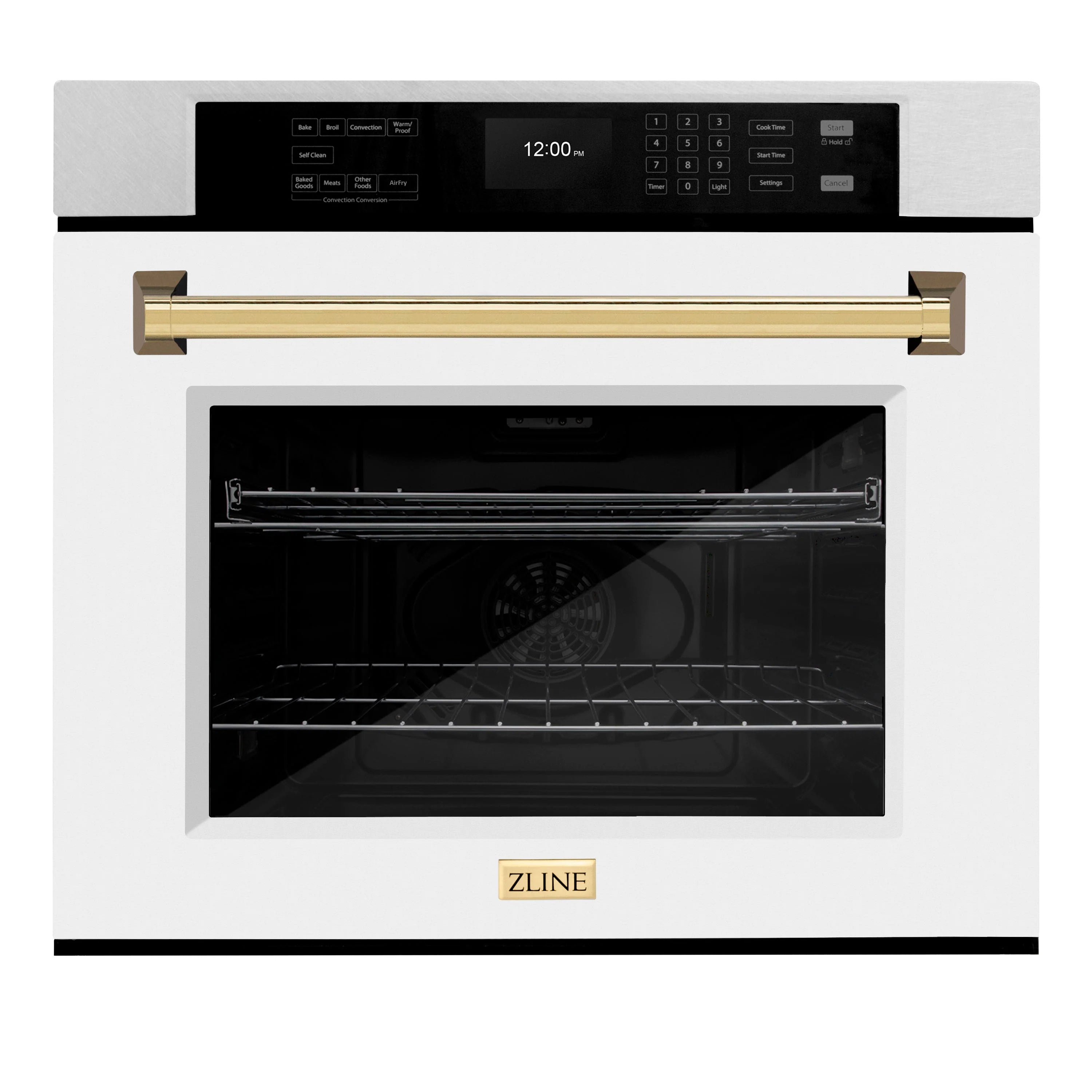 Stainless steel single-wall oven with white matte door and polished gold handle, front view