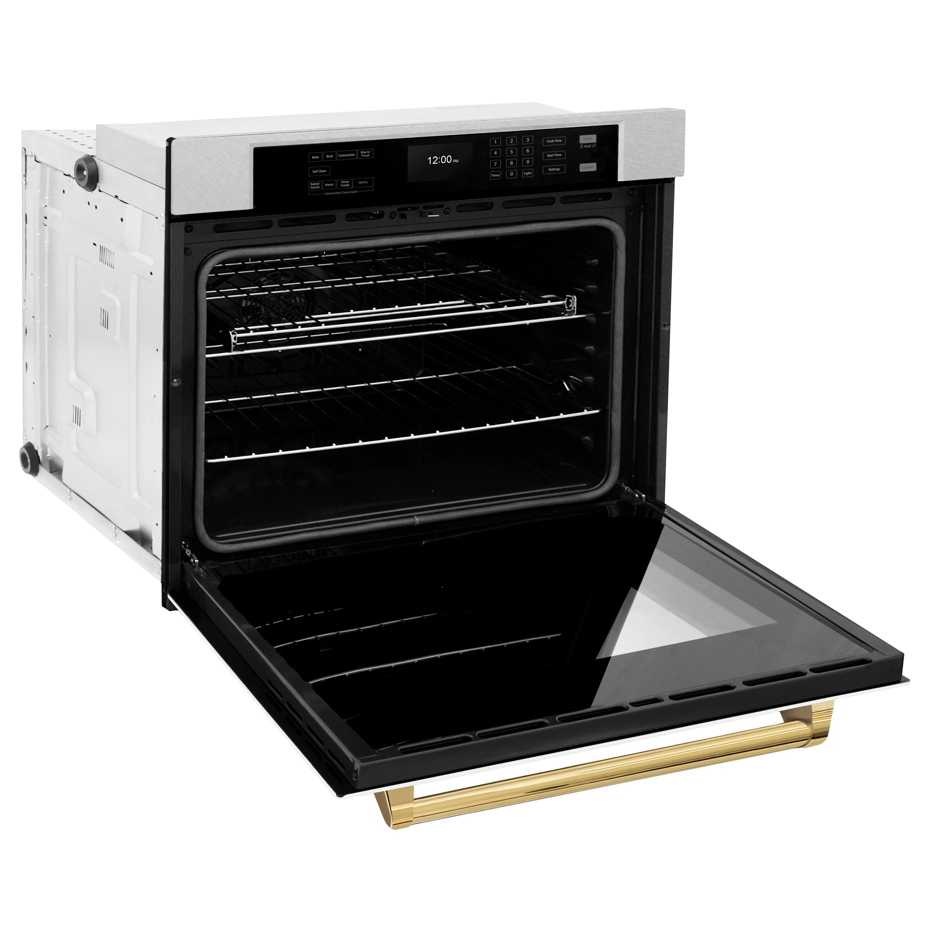 Single-wall oven with door open and empty racks, polished gold handle detail