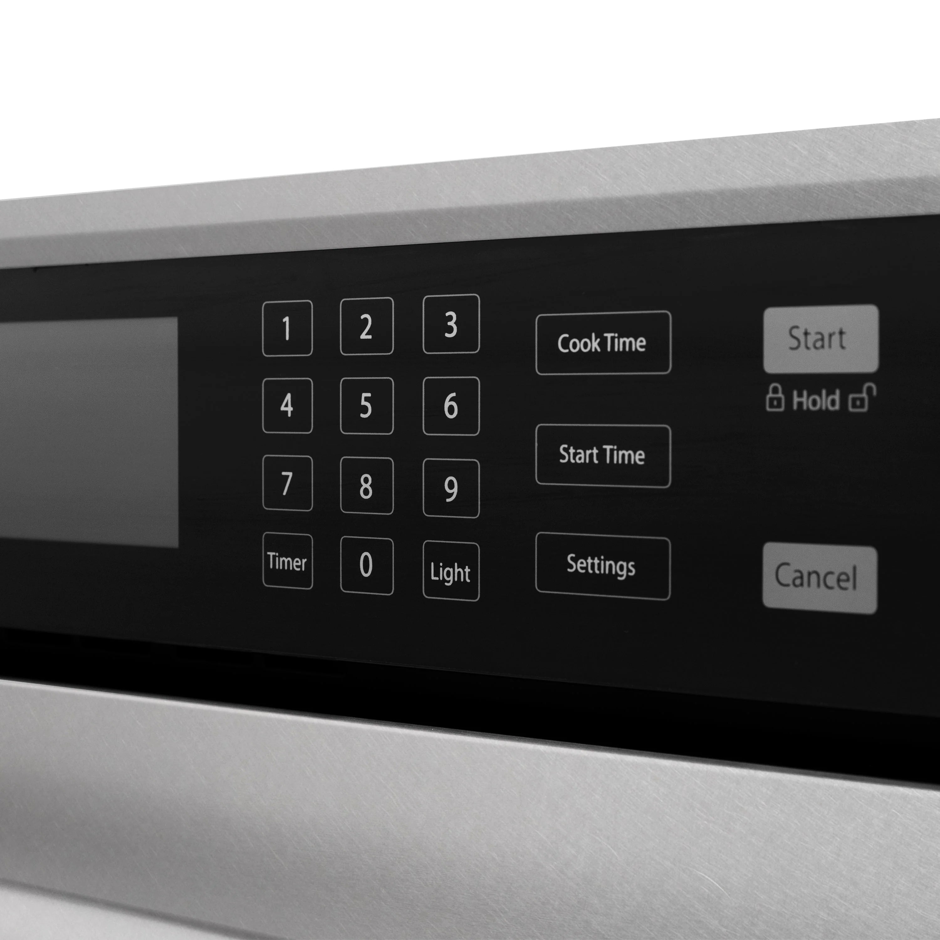 Stainless oven control panel with number keypad and cooking settings buttons