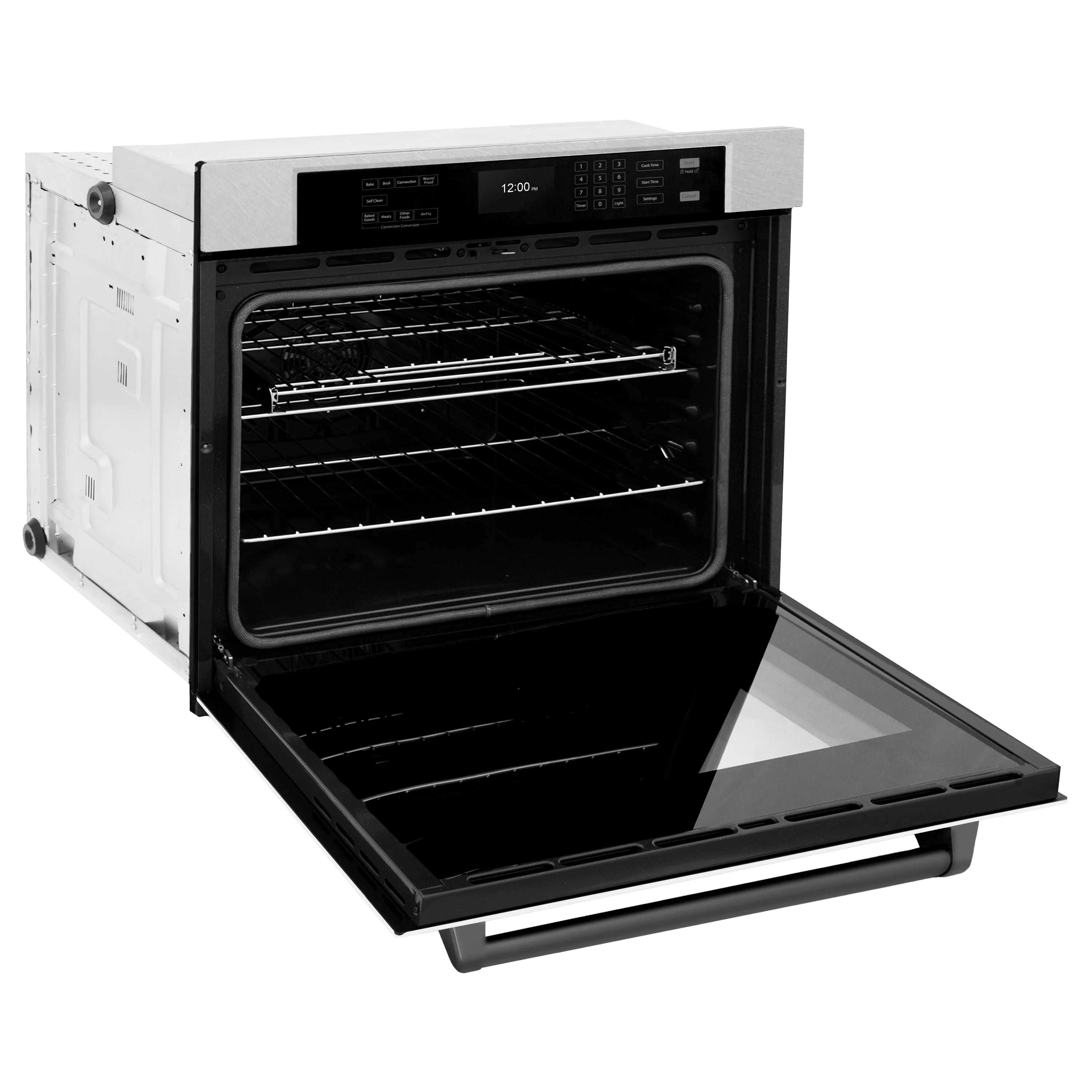 30-inch convection wall oven with open door showing dark cavity and wire oven rack