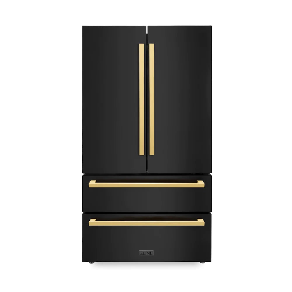 Black stainless steel French door refrigerator with polished gold vertical bar handles