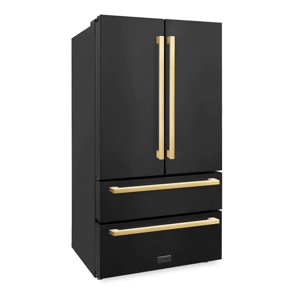 Black stainless French door refrigerator with polished gold bar handles and drawer fronts