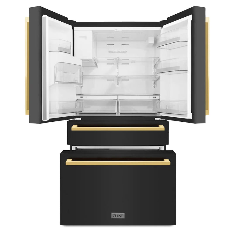 ZLINE Autograph Edition 36-Inch 21.6 cu. ft 4-Door French Door Refrigerator with Water and Ice Dispenser in Black Stainless Steel with Polished Gold Square Handles (RFMZ-W-36-BS-FG)