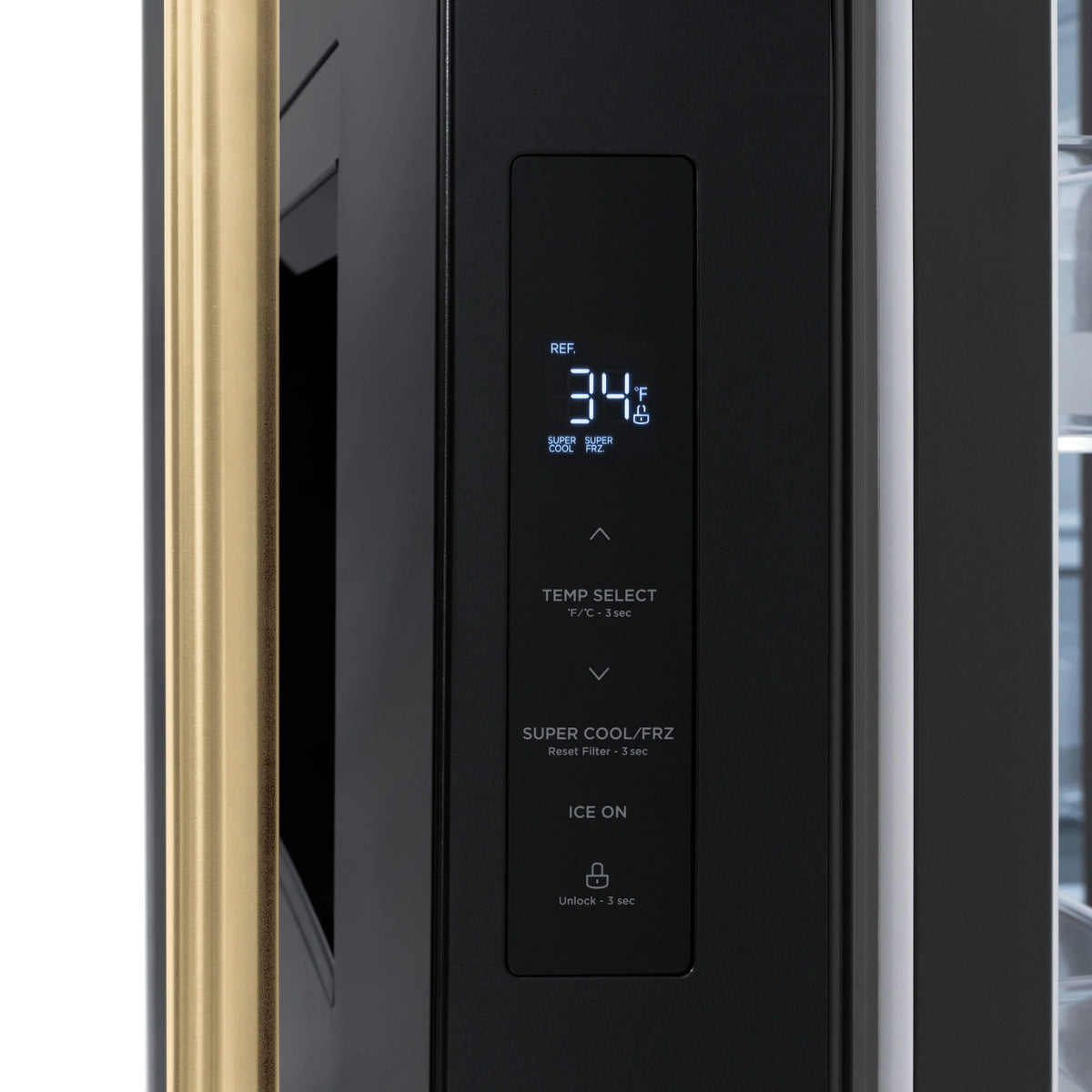 Black refrigerator dispenser control panel with temperature and ice settings