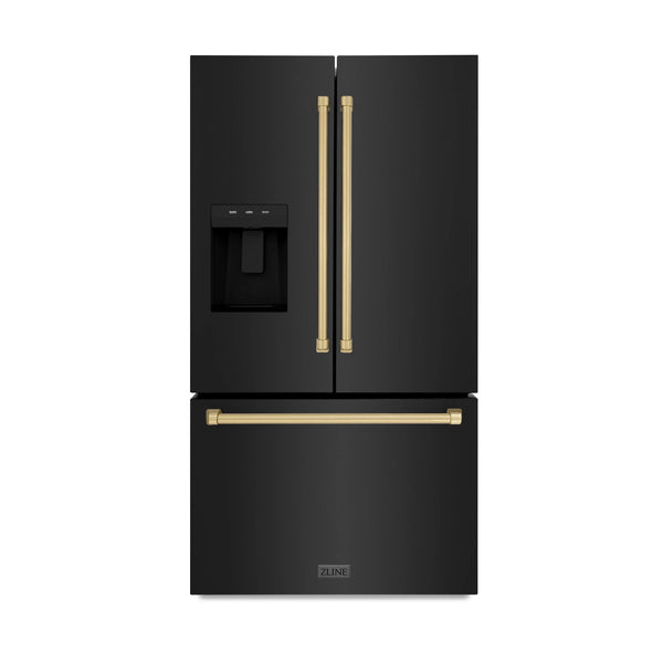 ZLINE Autograph Edition 36-Inch 28.9 cu. ft. Standard-Depth French Door External Water Dispenser Refrigerator with Dual Ice Maker in Black Stainless Steel and Champagne Bronze Handles (RSMZ-W-36-BS-CB)