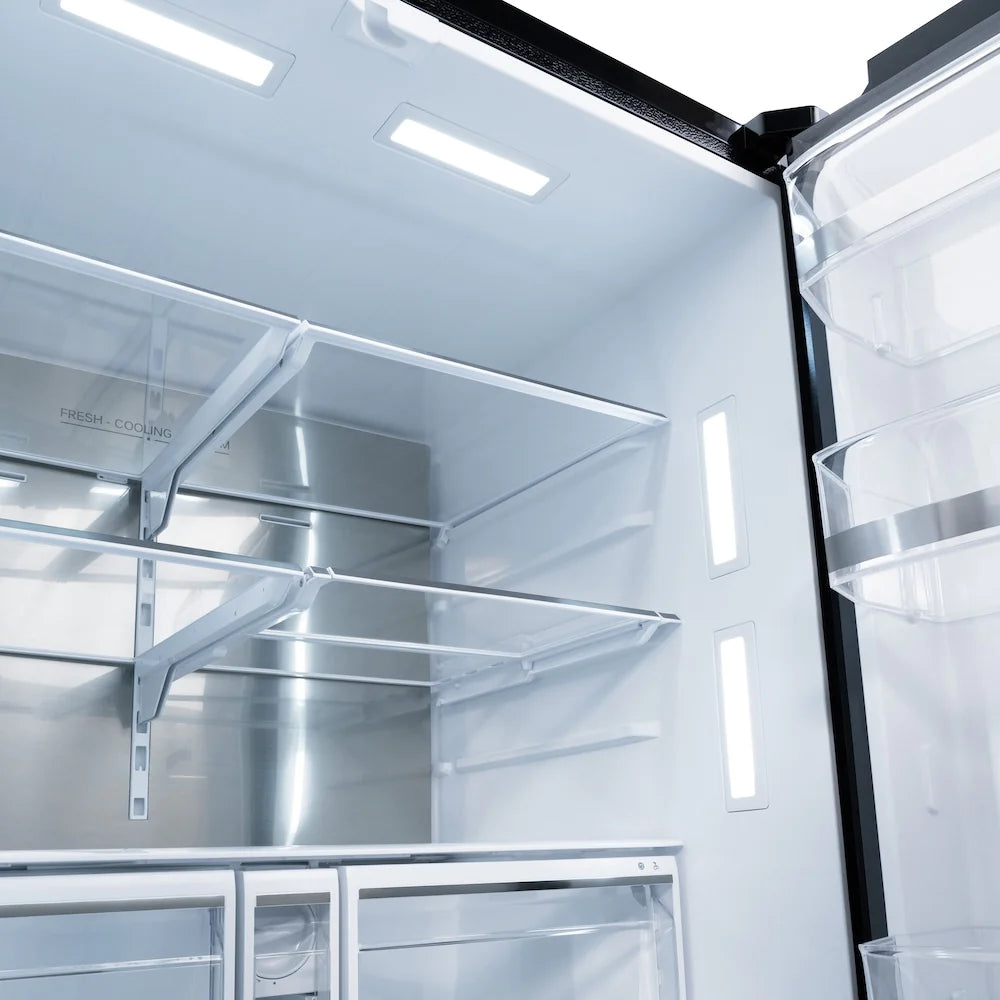 Inside freezer compartment with metal shelves and clear storage bins