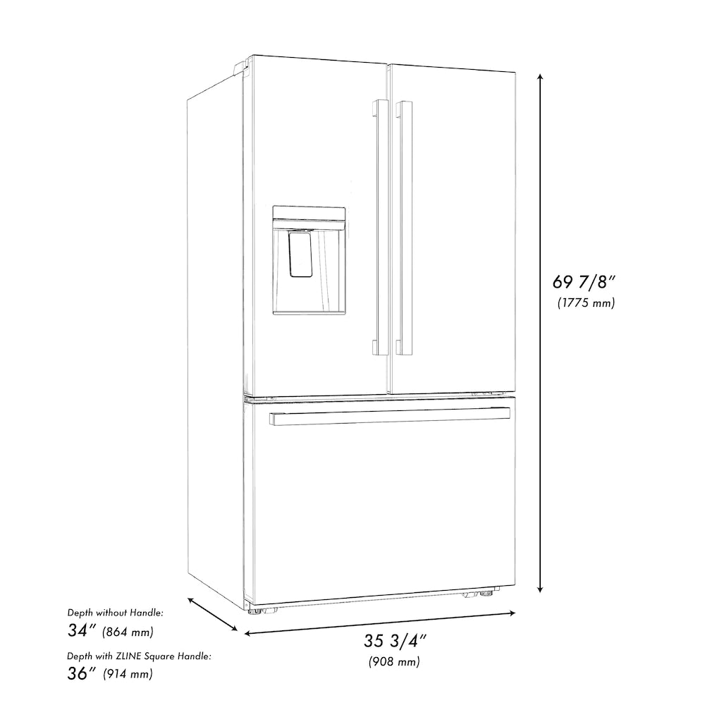 French-door refrigerator dimension diagram with external water dispenser and gold handle accents