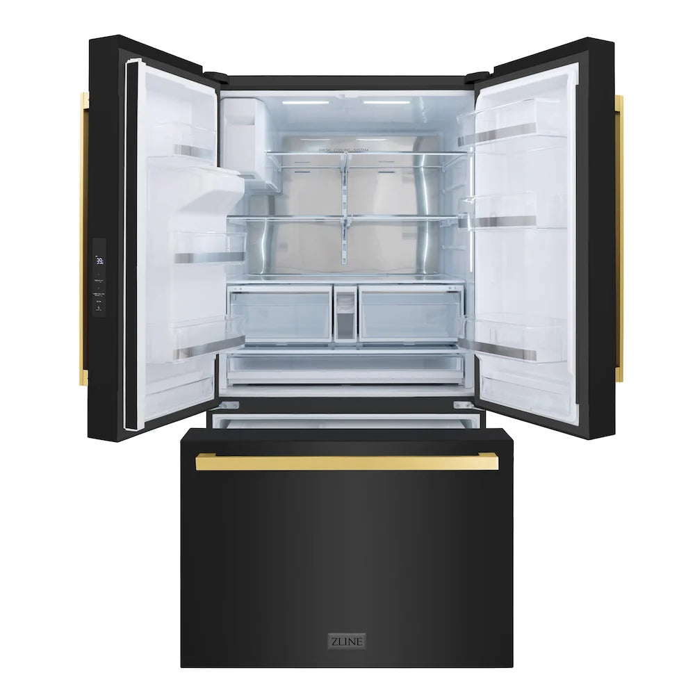 Open refrigerator doors with interior shelves, bins, and a bottom freezer drawer